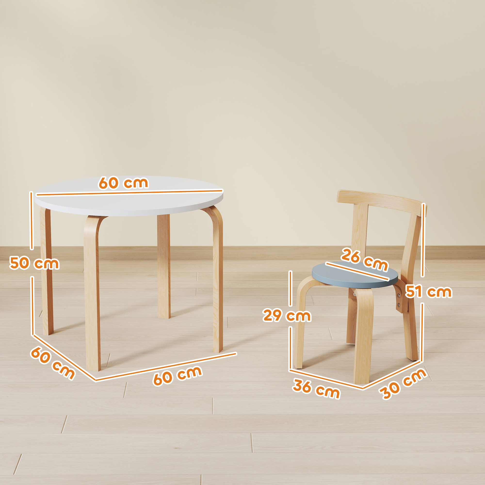 5-teiliges Kindertisch- und Stuhlset, leichtes Massivholz, Bunt