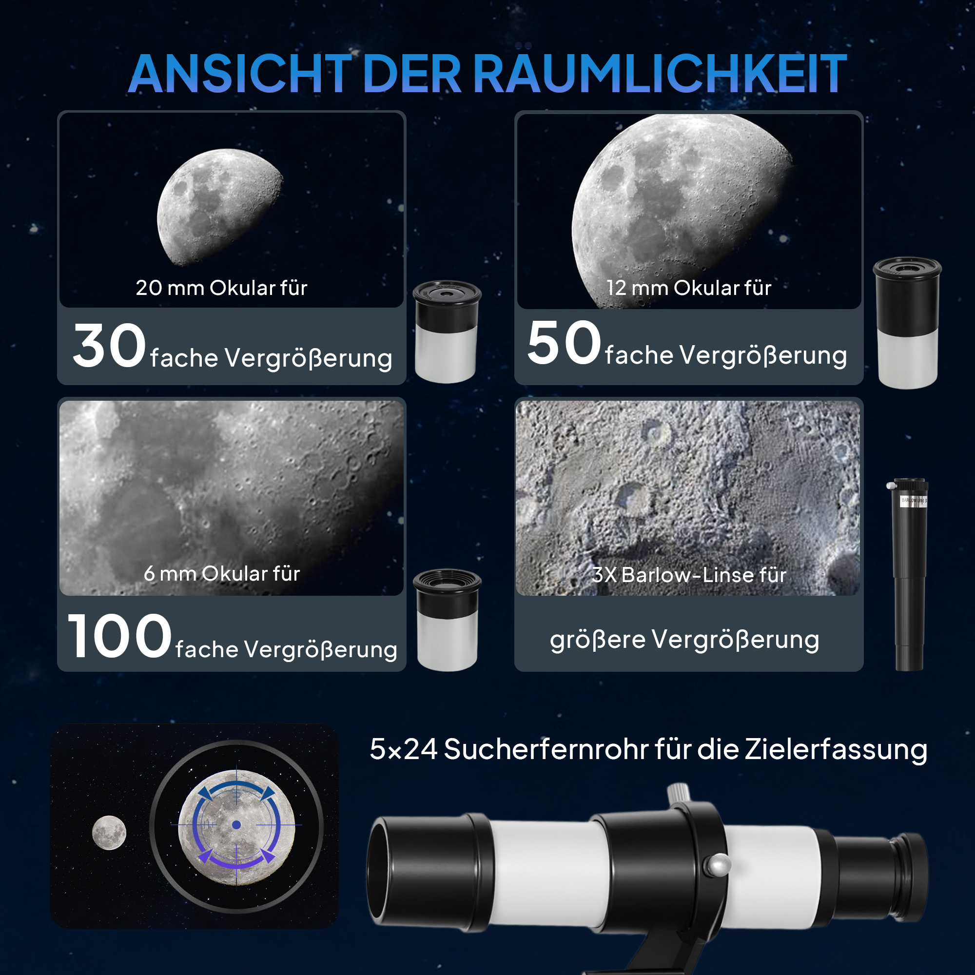 Teleskop, 70 mm Objektiv, 5 x 24 Fernrohr, verstellbares Stativ, Silberfarben