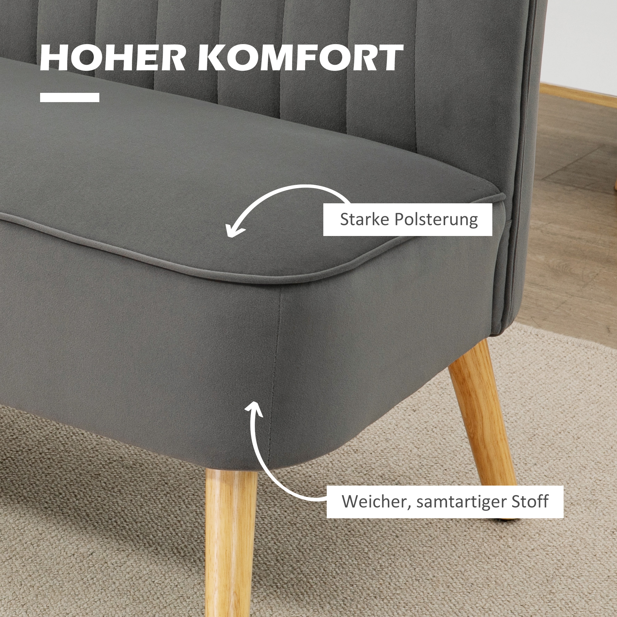Sofa Retrodesign 2-Sitzer-Sofa, Holzbeine, 117 cm x 56,5 cm x 77 cm, Dunkelgrau