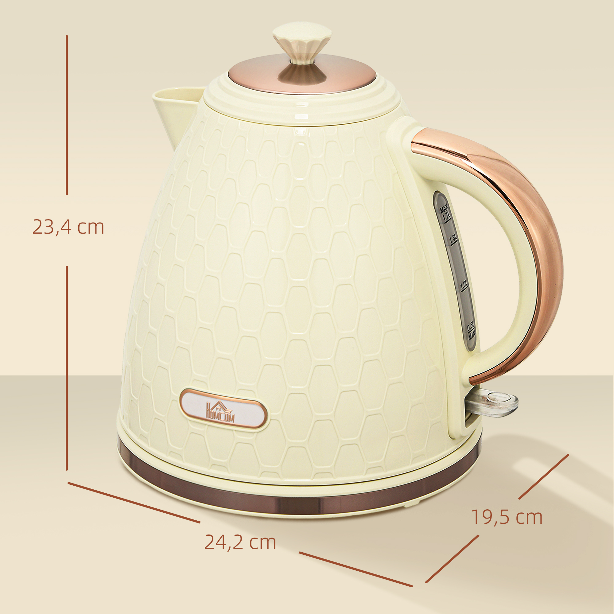 Wasserkocher, 2200W, Sichtfenster, Filter, Schnellkocher, Beige