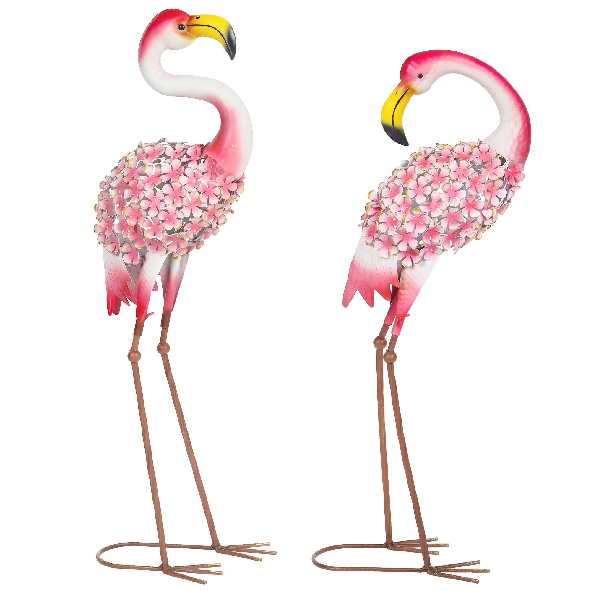 Flamingo Gartenstatuen Set aus 2, Florale Feder-Metallvögel, Stehende Skulpturen mit Bodenankern, Rot