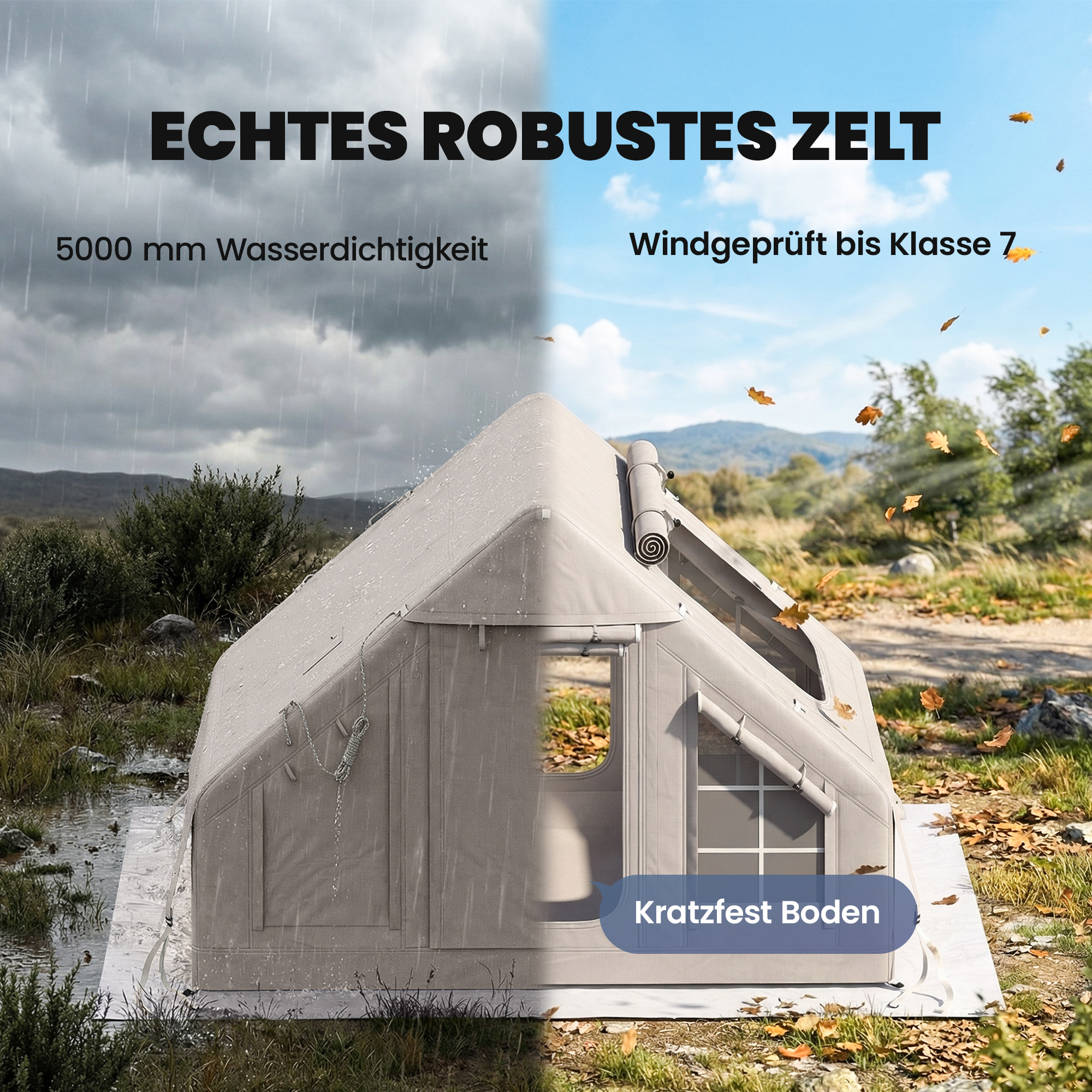 aufblasbares Zelt 5-8 Personen Schneller Aufbau 5000 mm Wasserdicht & Winddicht mit Luftpumpe Kaminöffnung Dachfenster