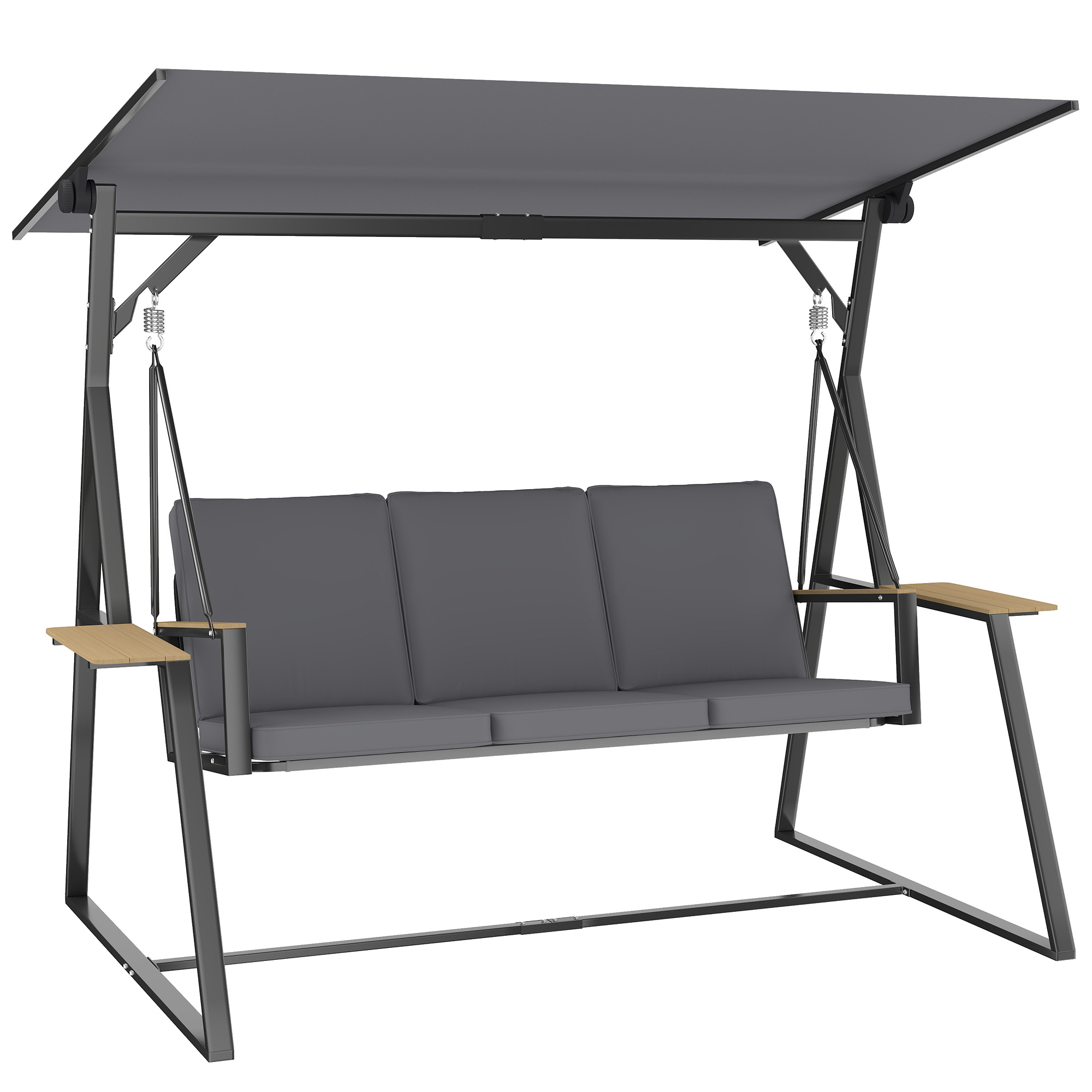 3-Sitzer Gartenschaukel mit verstellbarem Dach, Kissen und Getränkeablagen, 360 kg Tragkraft, Grau