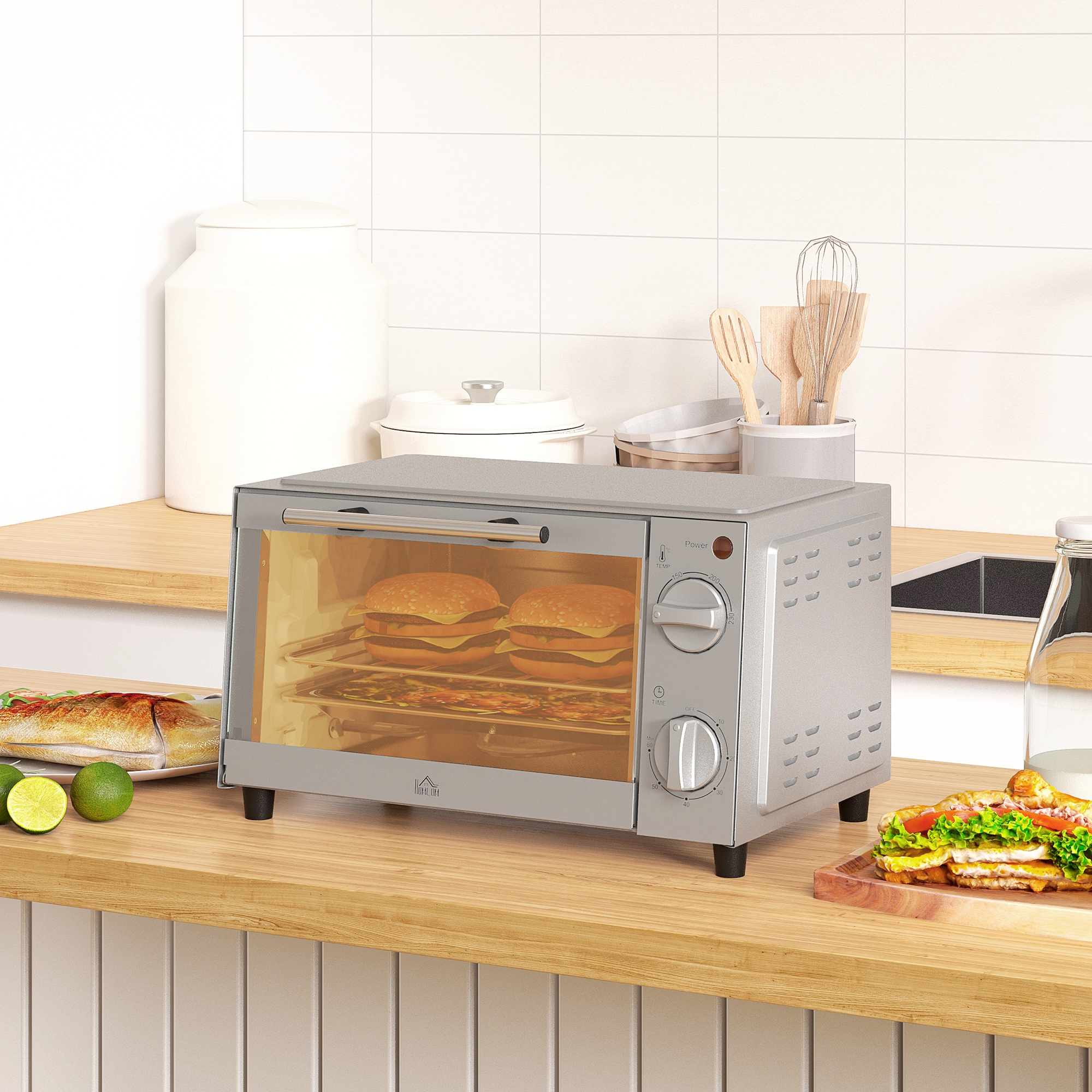 Minibackofen, 9 L Mini-Ofen mit Backblech, Grillrost, mit einstellbarer Temperatur und Garzeit, Edelstahl, Silber