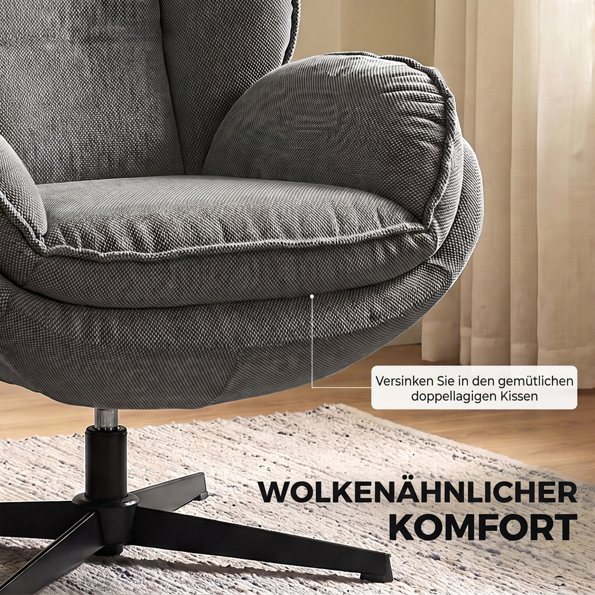 Sessel mit verstellbarem Fußhocker, 360° drehbar, Chenille-Bezug, dicke Polsterung, Grau