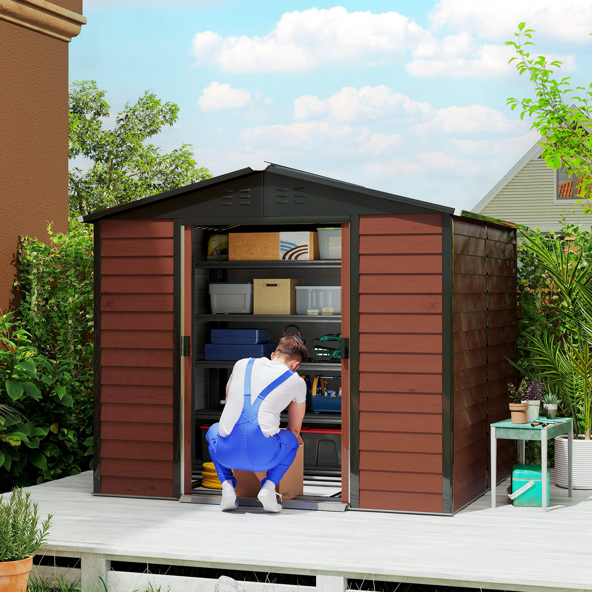 Geräteschuppen, aus Metall, wetterfest & rostfrei, abschließbar,  2,40 x 2,06 x 1,98 m, Teak