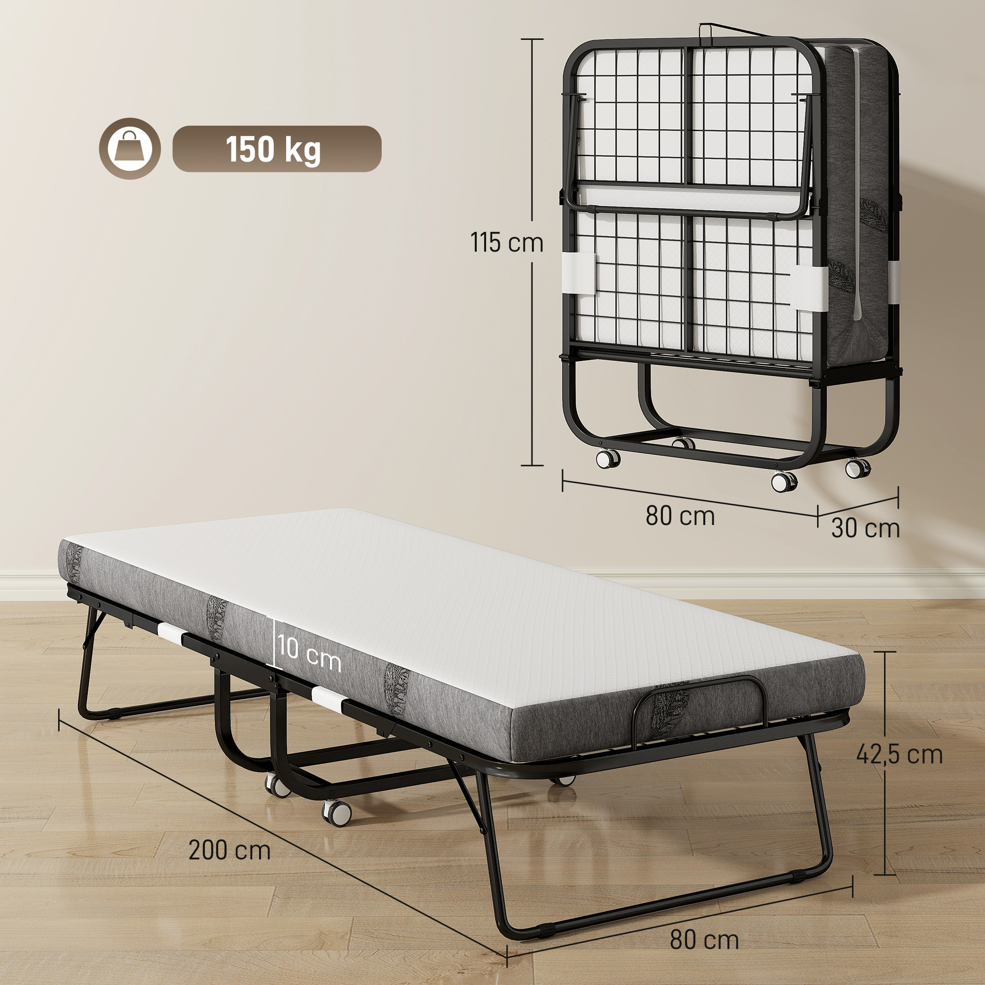 Klappbett 80x200 cm Erwachsene Gästebett Klappbar mit 10cm Dicker Schaumstoff Reisebett mit Stahlrahmen Feldbett mit Rollen bis 150 kg belastbar Einzelbett