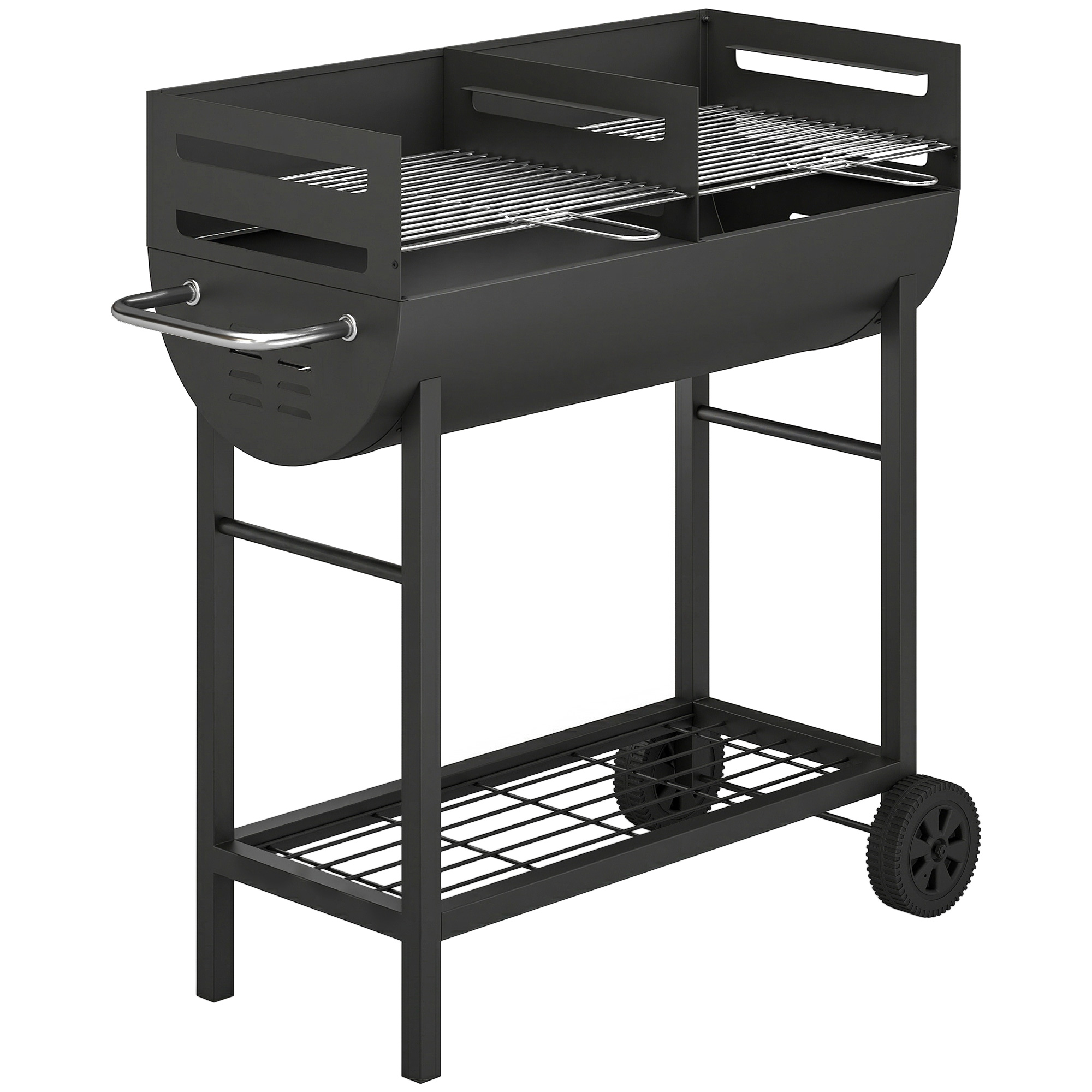 Holzkohlegrill Grillwagen mit 2 Grillzonen höhenverstellbarer Grillrost Holzablage Räder Seitengriff, 103 x 46,5 x 100cm