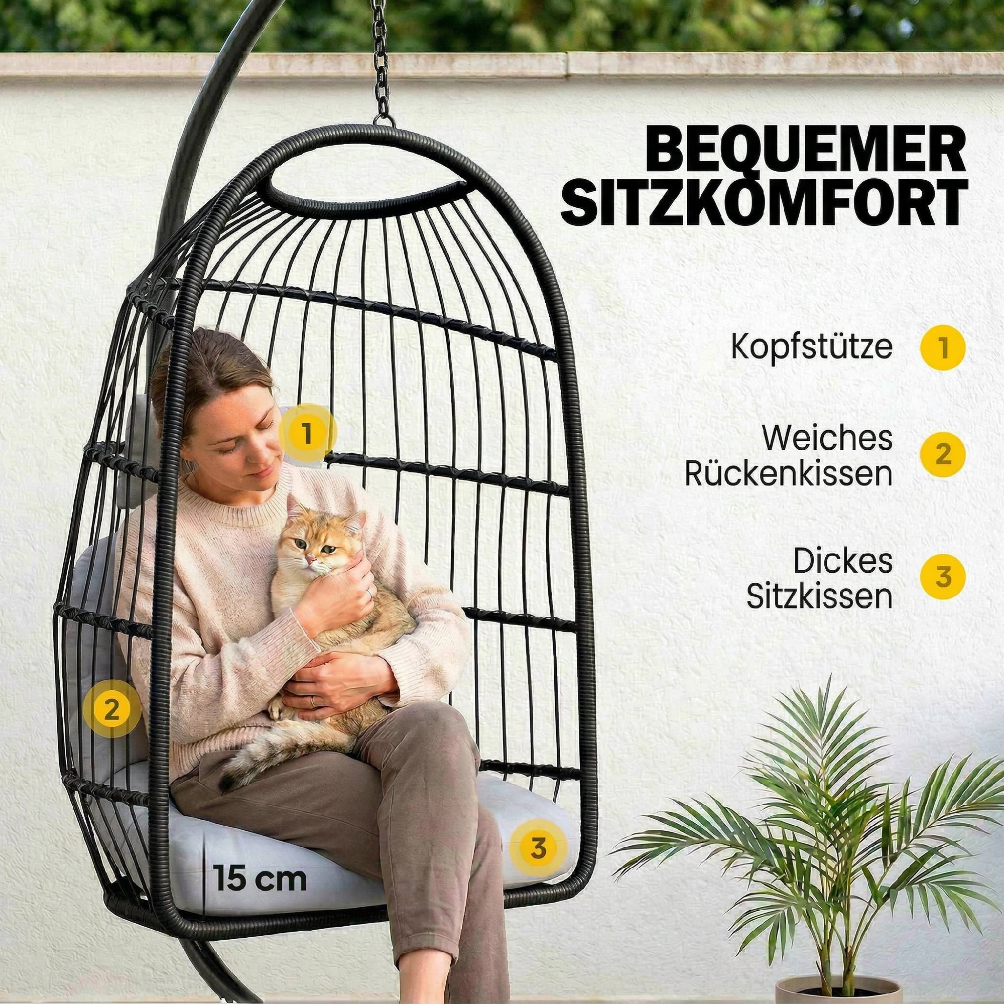Hängesessel mit Gestell faltbar Polyrattan Hängekorb mit Kissen Sicherheitsgurt Kopfstütze Bänder, höhenverstellbar