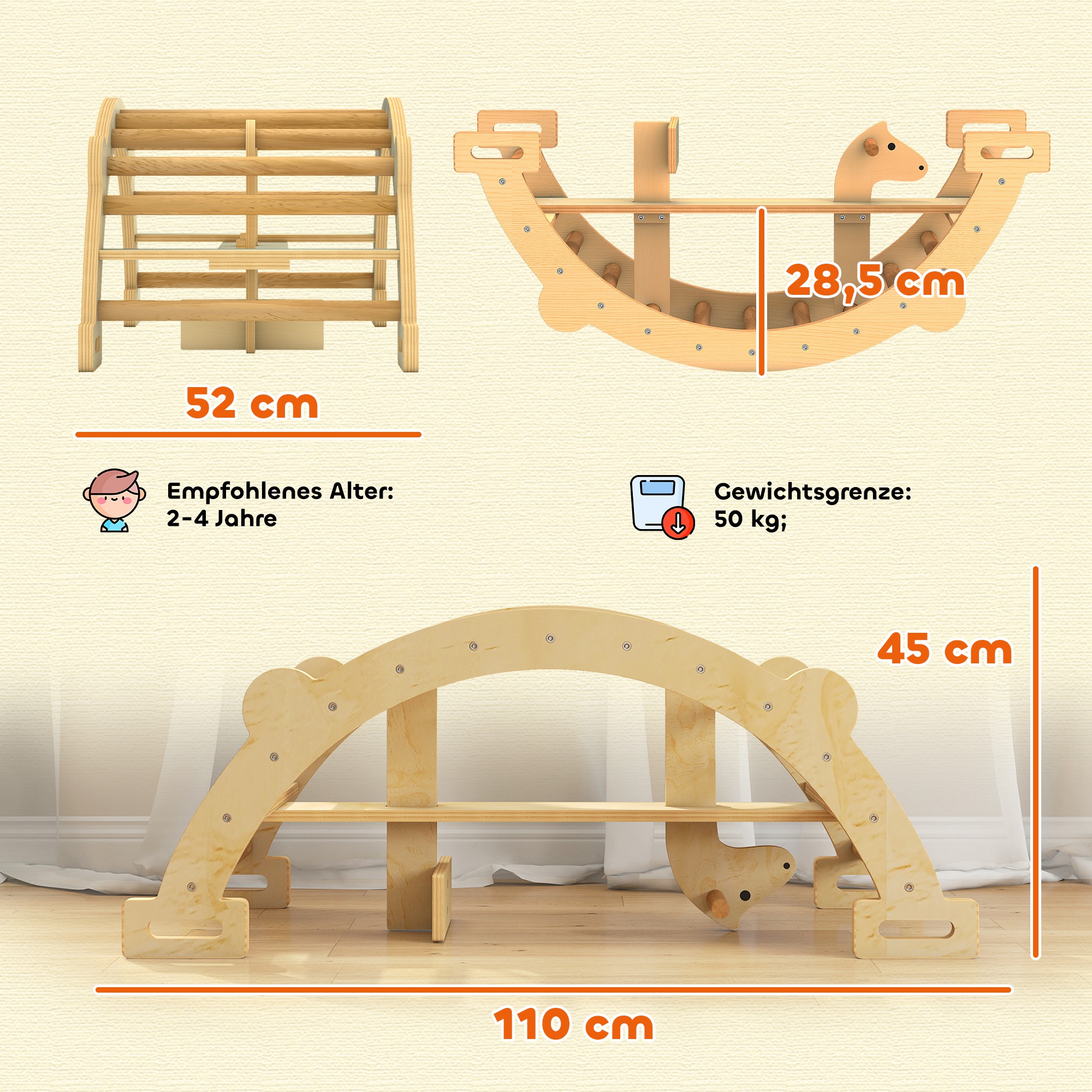 Montessori Klettergerüst Indoor, 2 in 1 Kletterbogen aus Holz, für Kinder 2-4 Jahre, 110x52x45 cm, Naturholz