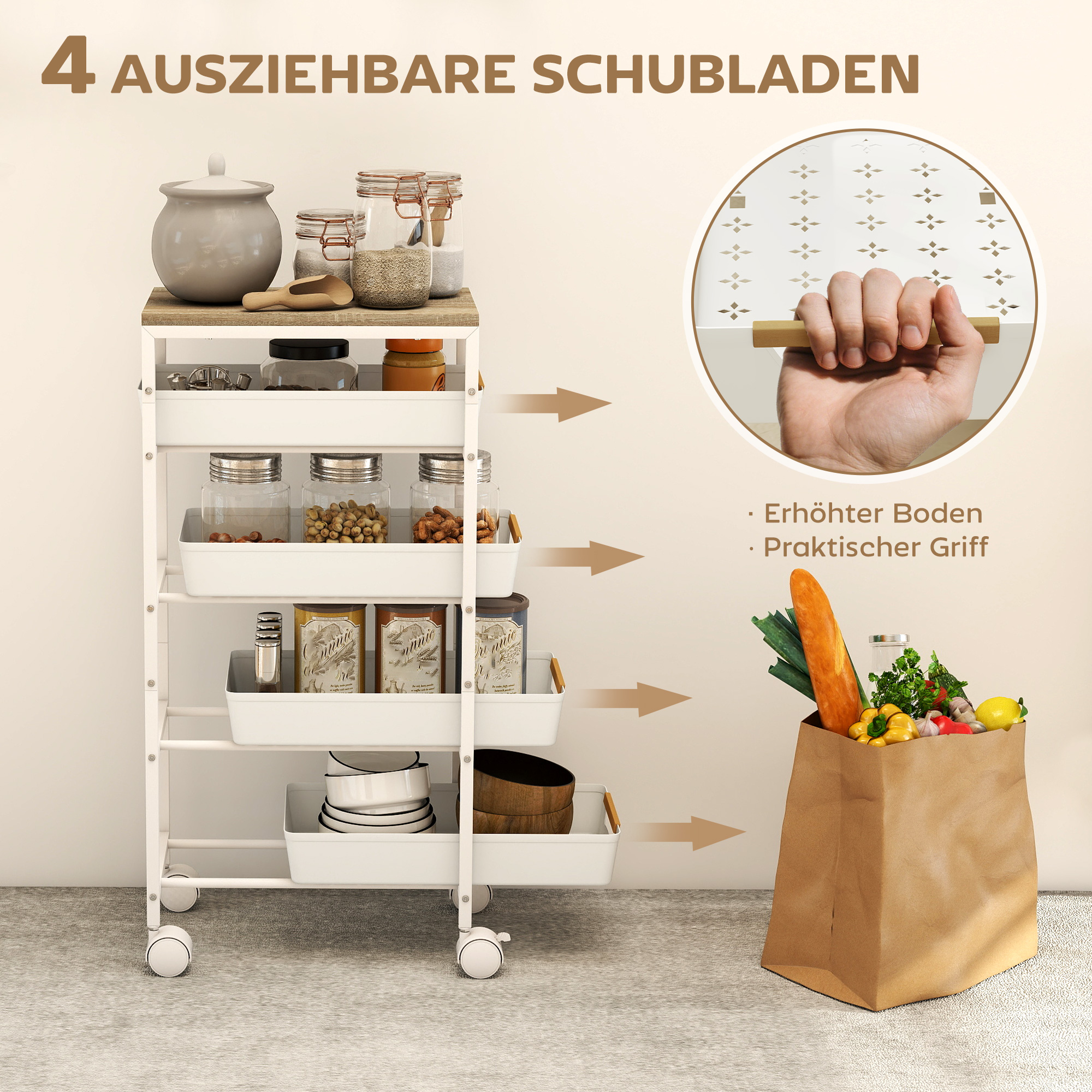 5-stufiger Küchenwagen, Holzoptik, rollbar, Metallrahmen, 4 Schubladen, Weiß