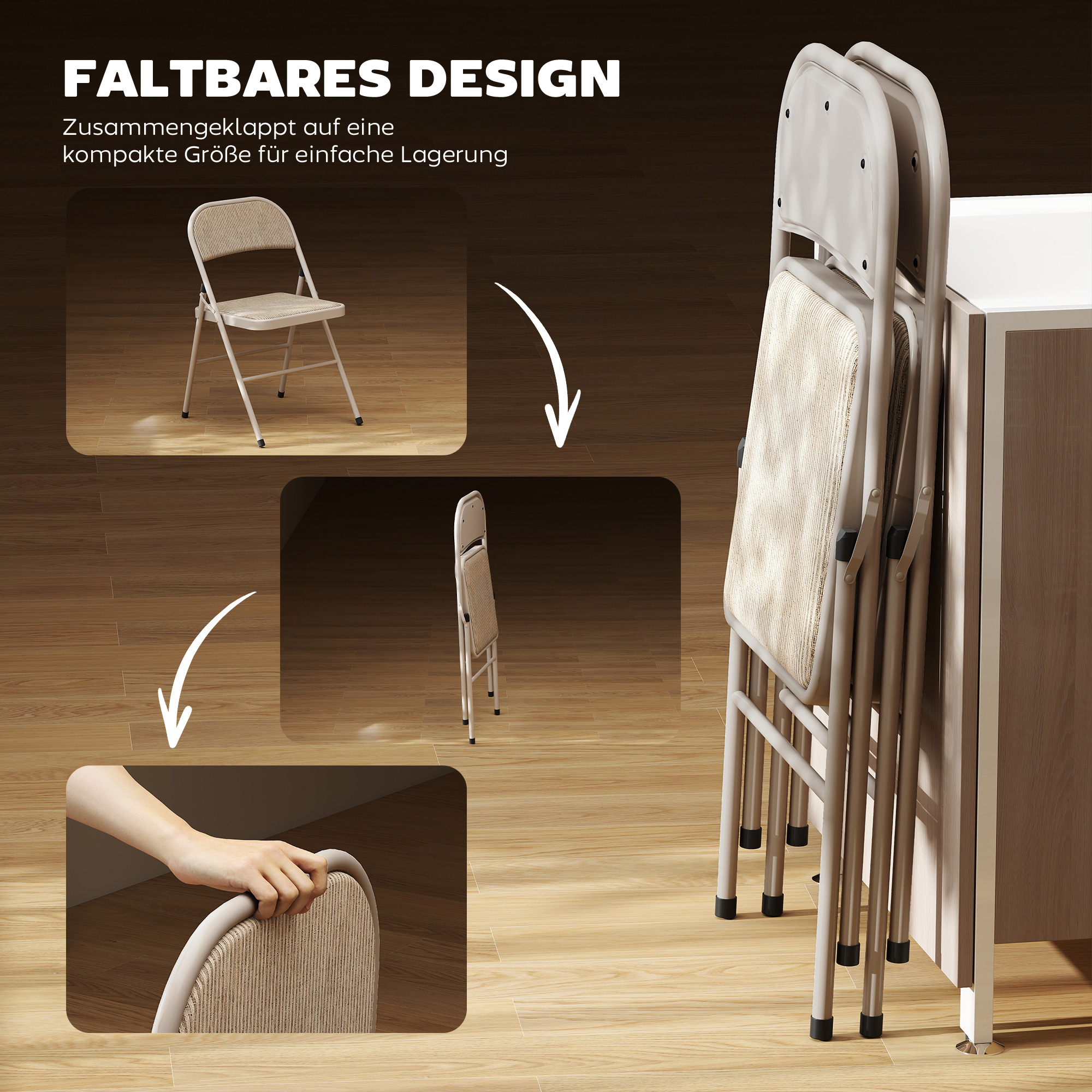 2er-Set Klappstühle, tragbare Bürostühle, Metallbeine, Faltstuhl für Büro, Empfang, Wartezimmer, Leinenoptik, Beige