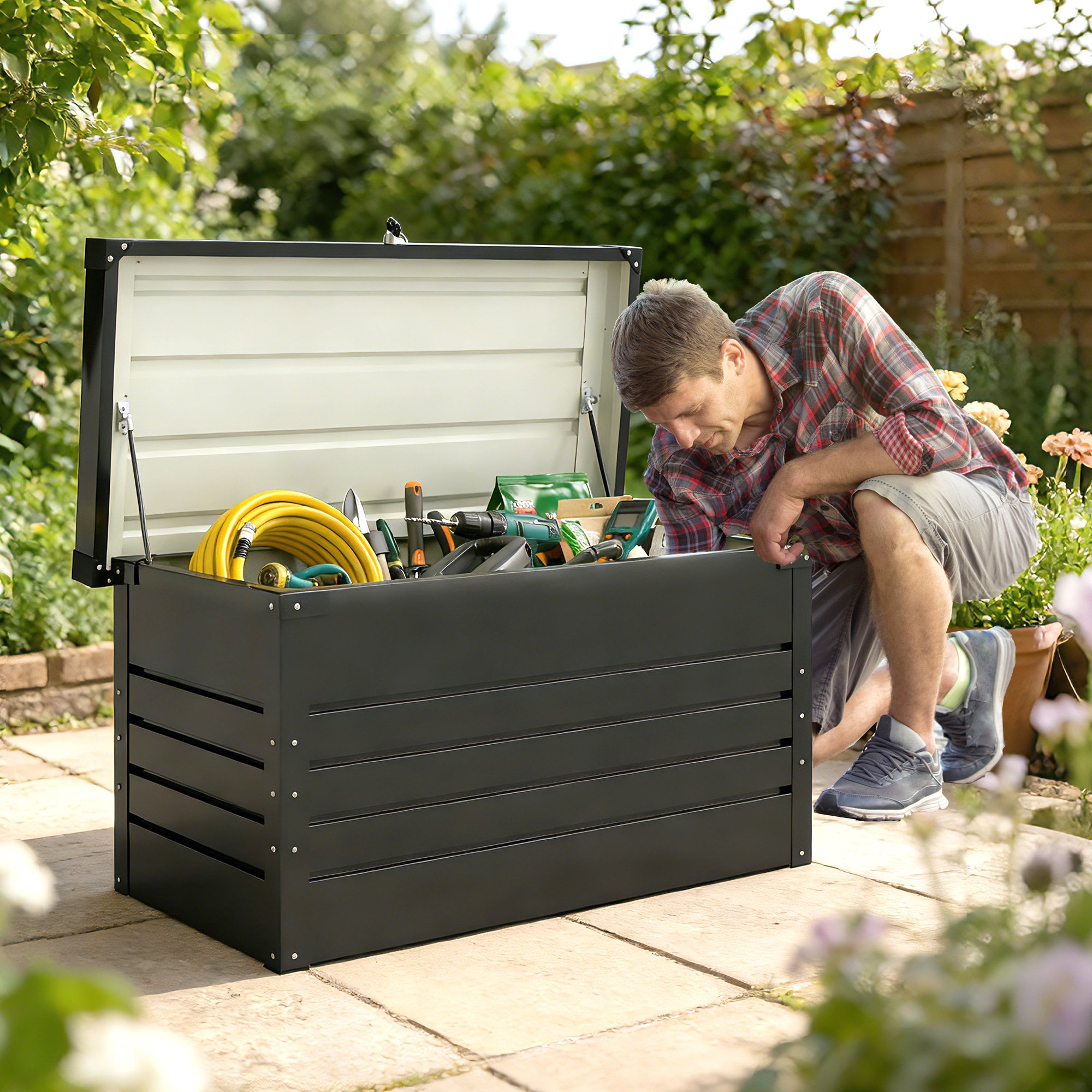 Gartenbox Metall 450L Kissenbox mit doppelwandig Deckel 120 x 61 x 62?cm Wasserdicht Abschließbar Grau
