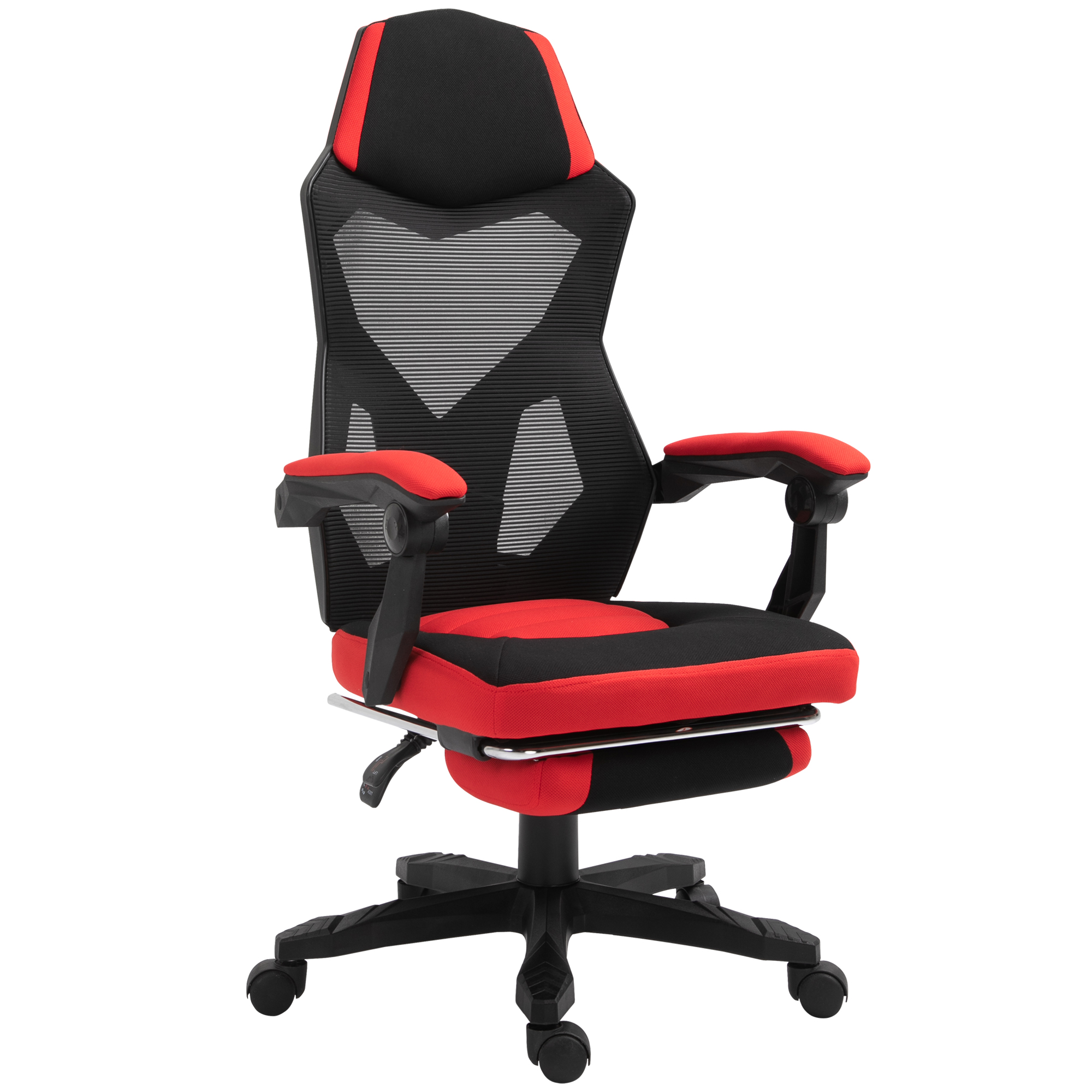 ergonomischer Bürostuhl, Gaming Stuhl, Drehstuhl mit Fußstütze, PC Stuhl, Chefsessel,  höhenverstellbar, Polyester, Schwarz+Rot,58 x 63 x 112-122 cm