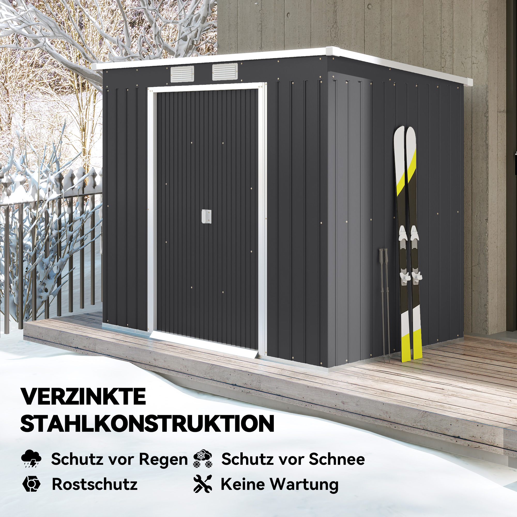 Geräteschuppen, mit Lüftungsfenstern, Schiebetüren, verzinkter Stahl, 213 x 130 x 172 cm, Dunkelgrau