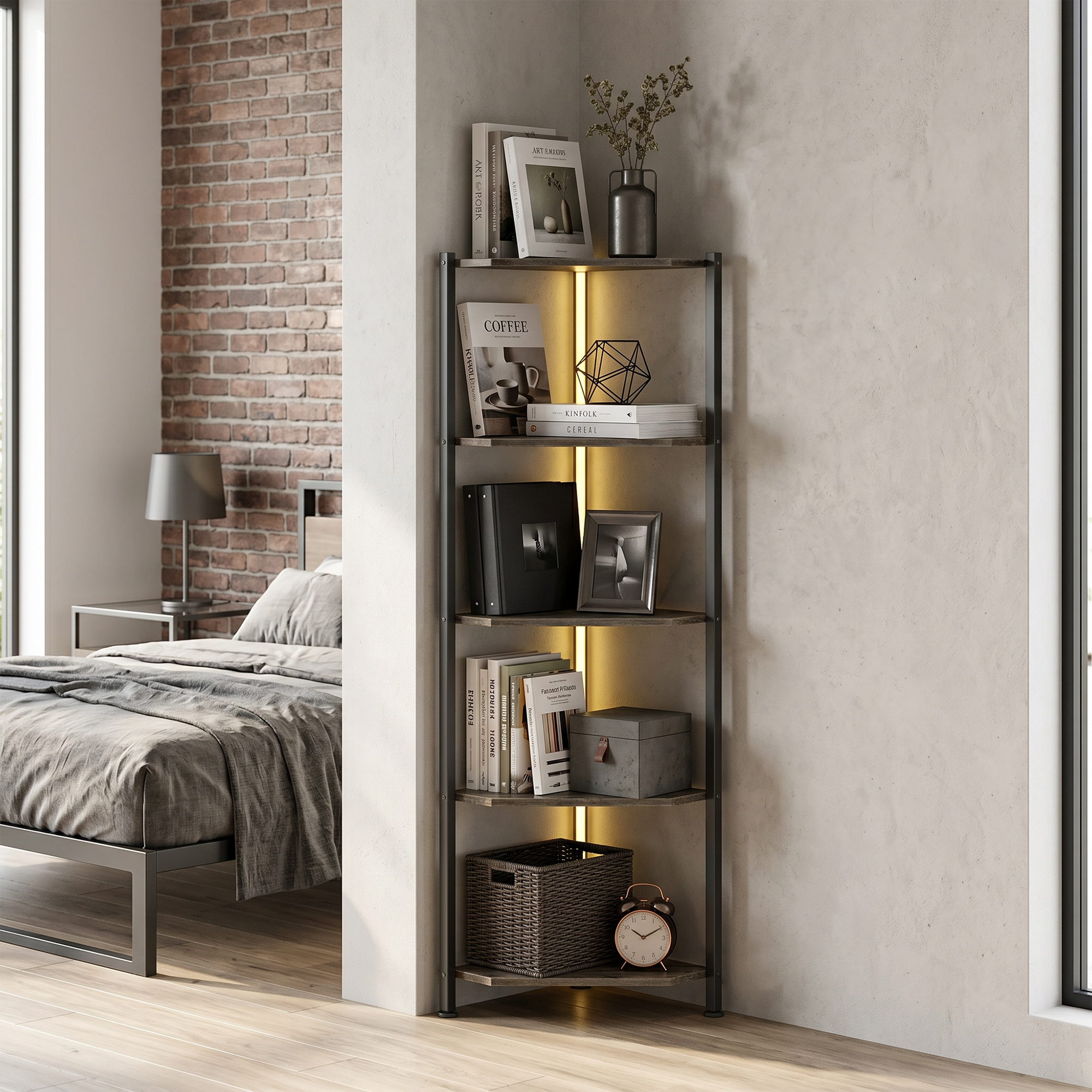 Bücherregal 5-stöckiges Eckregal mit LED-Beleuchtung für Wohnzimmer, Schlafzimmer, Büro, Rustikal Braun