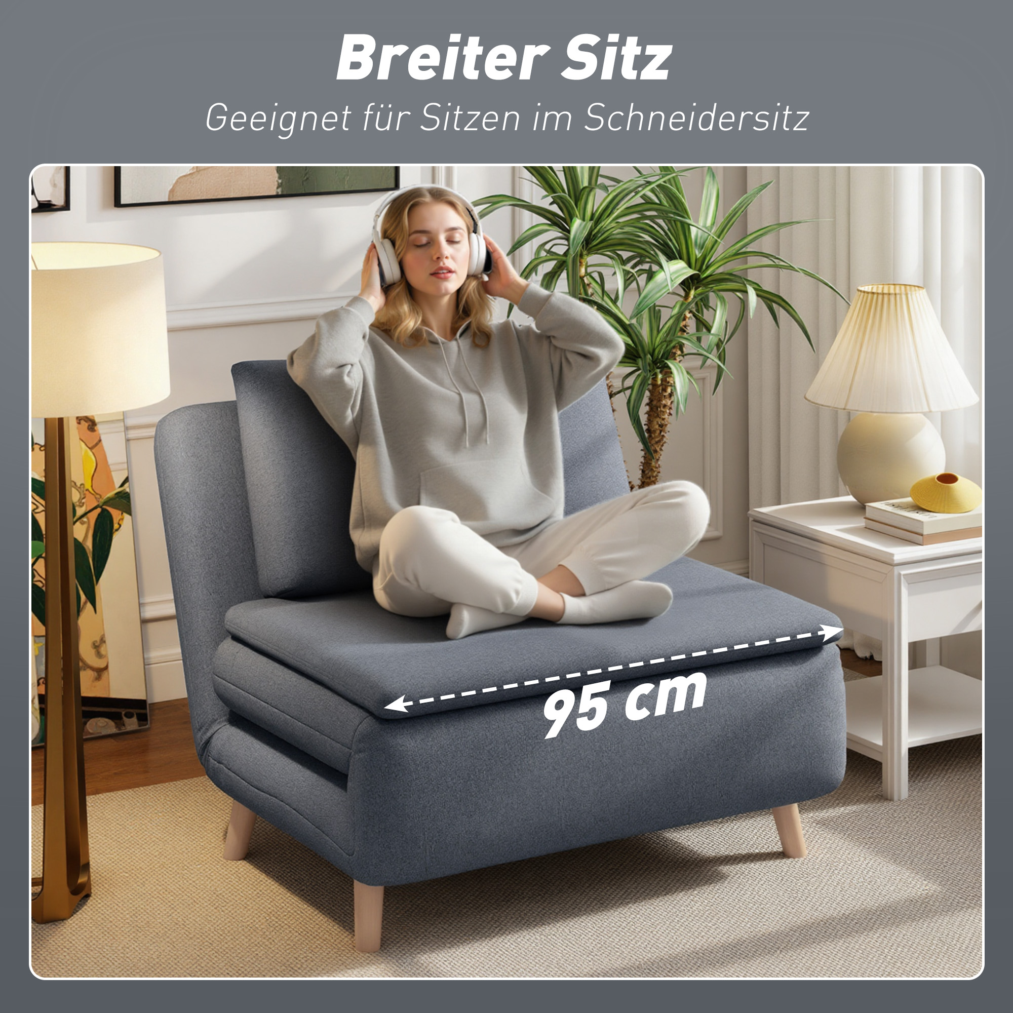 3-in-1 Schlafsessel mit Bett-Funktion, Liegesessel, verstellbare Rückenlehne, Buchenholzbeine, Kissen, Grau