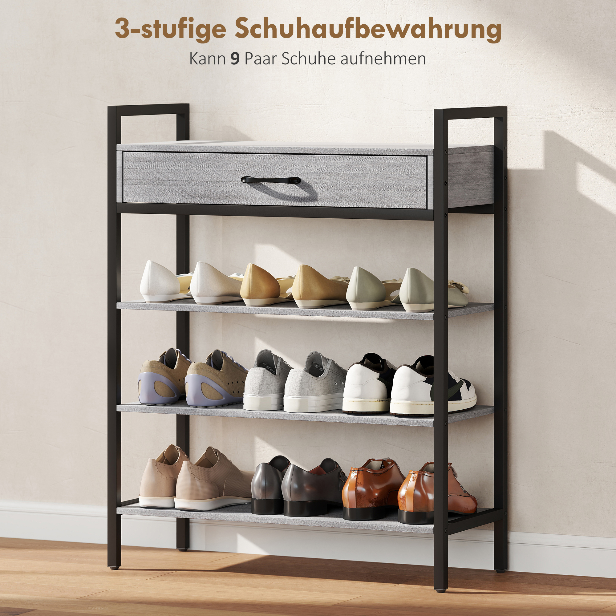 4-stufiges Schuhregal, Flurregal für bis zu 9 Paar Schuhe, Spanplatte, Metall, Grau