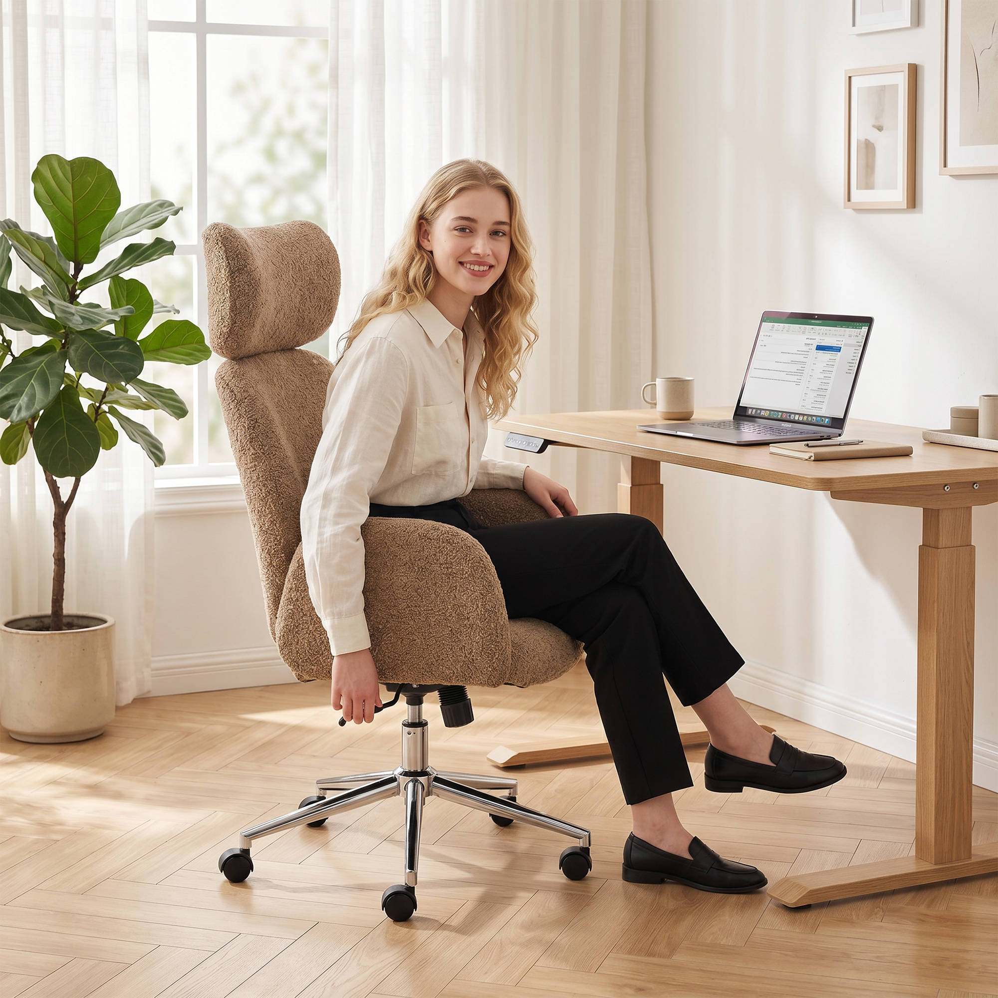 Bürostuhl mit verstellbarer Kopfstütze, ergonomischer Schreibtischstuhl, Kippfunktion, höhenverstellbar, Braun