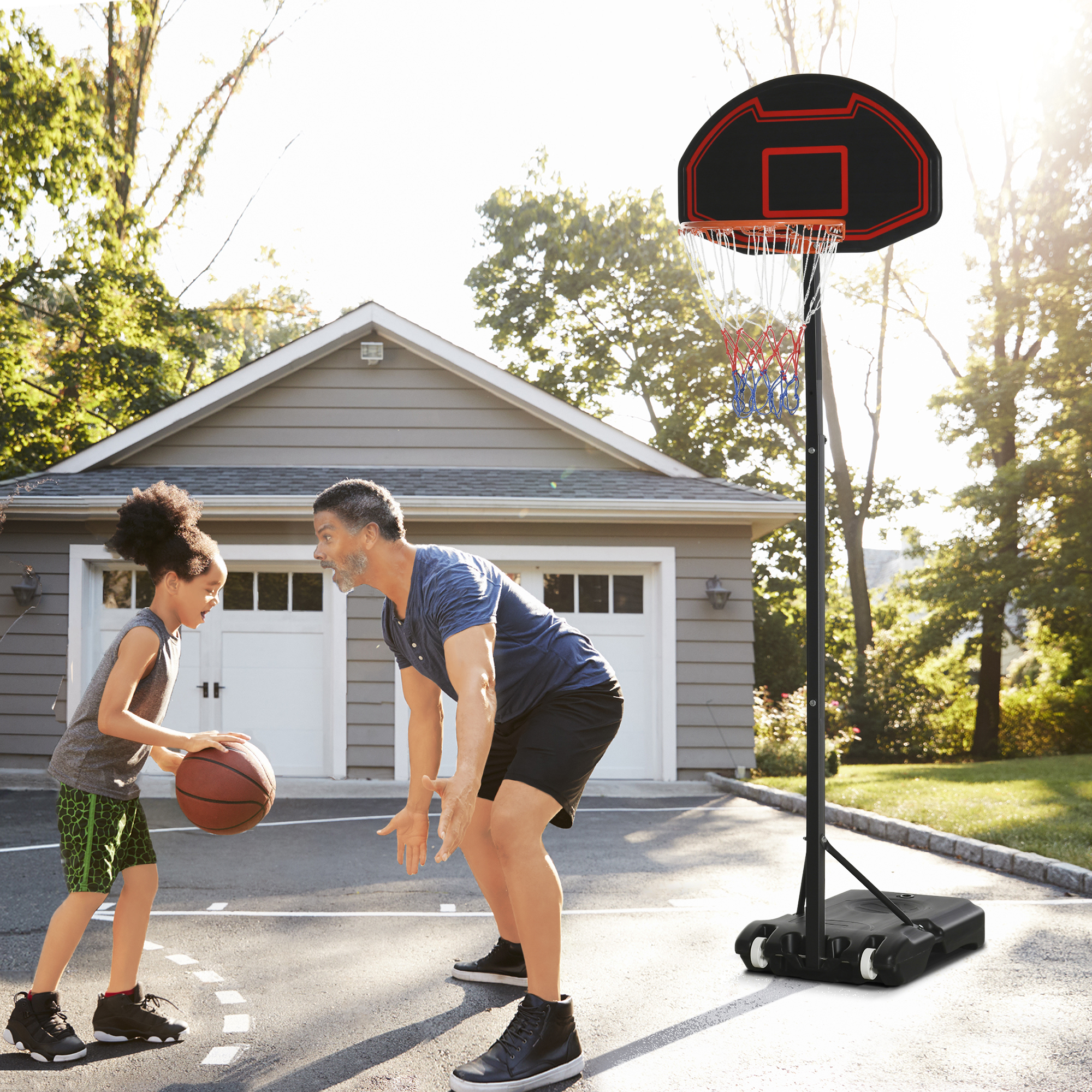 Basketballkorb, höhenverstellbar, befüllbarer Standfuß, hochstabil, schwarz, 131 x 49 x 195-250 cm