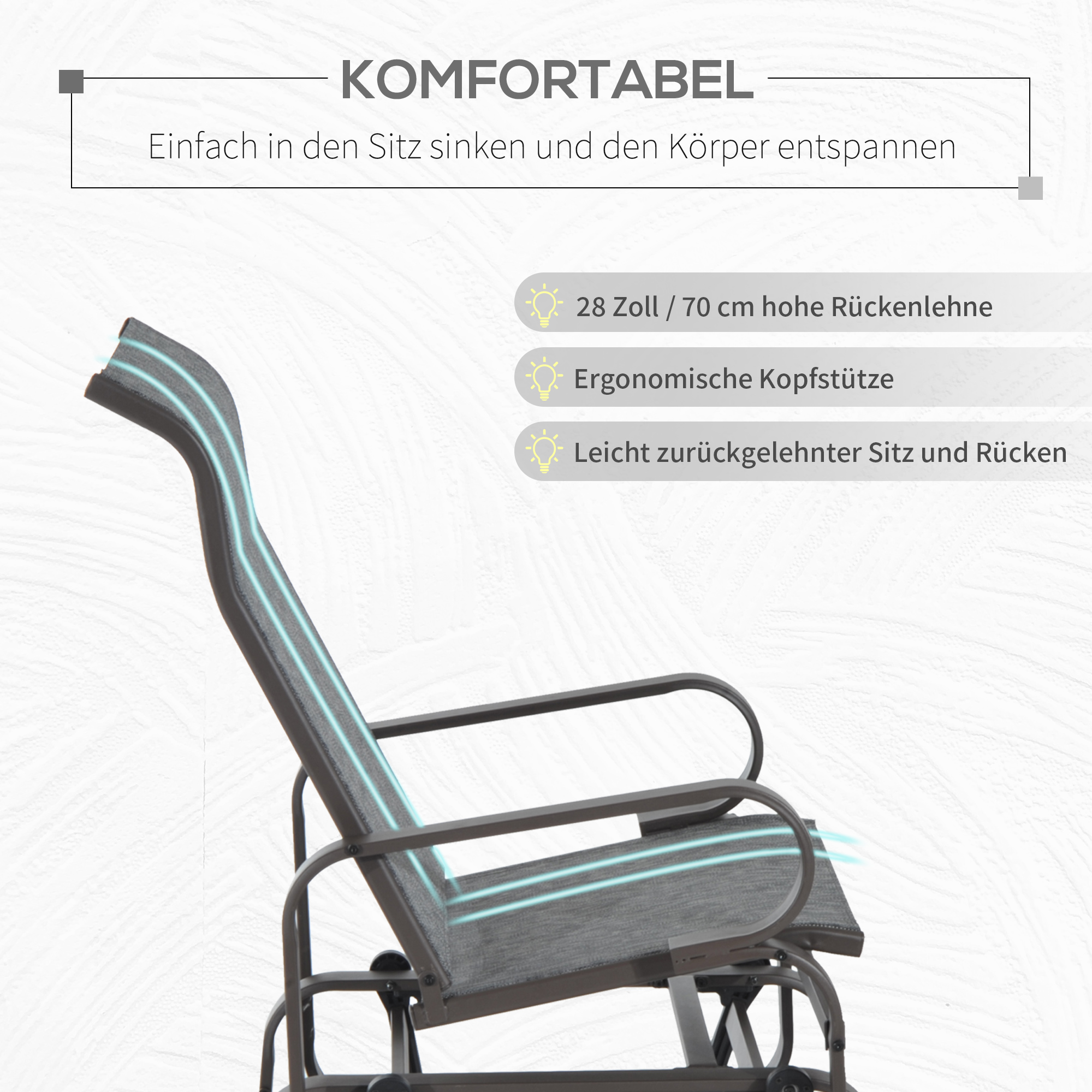 Schaukelstuhl Garten Gartenstuhl Relaxstuhl Gartenschaukel Garten Metall Schaukel Stuhl für Garten Terrasse Balkon Texteline Grau+Braun 60 x 78 x 105 cm