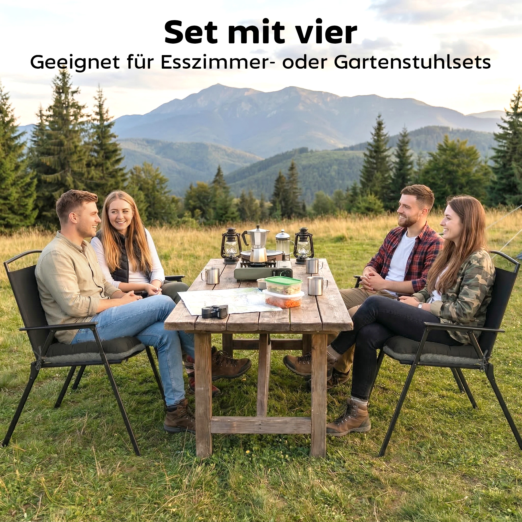 4er Set Sitzkissen 39,5 x 39,5 x 10 cm Stuhlkissen mit Bändern, rutschfeste Outdoor Indoor Sitzauflage