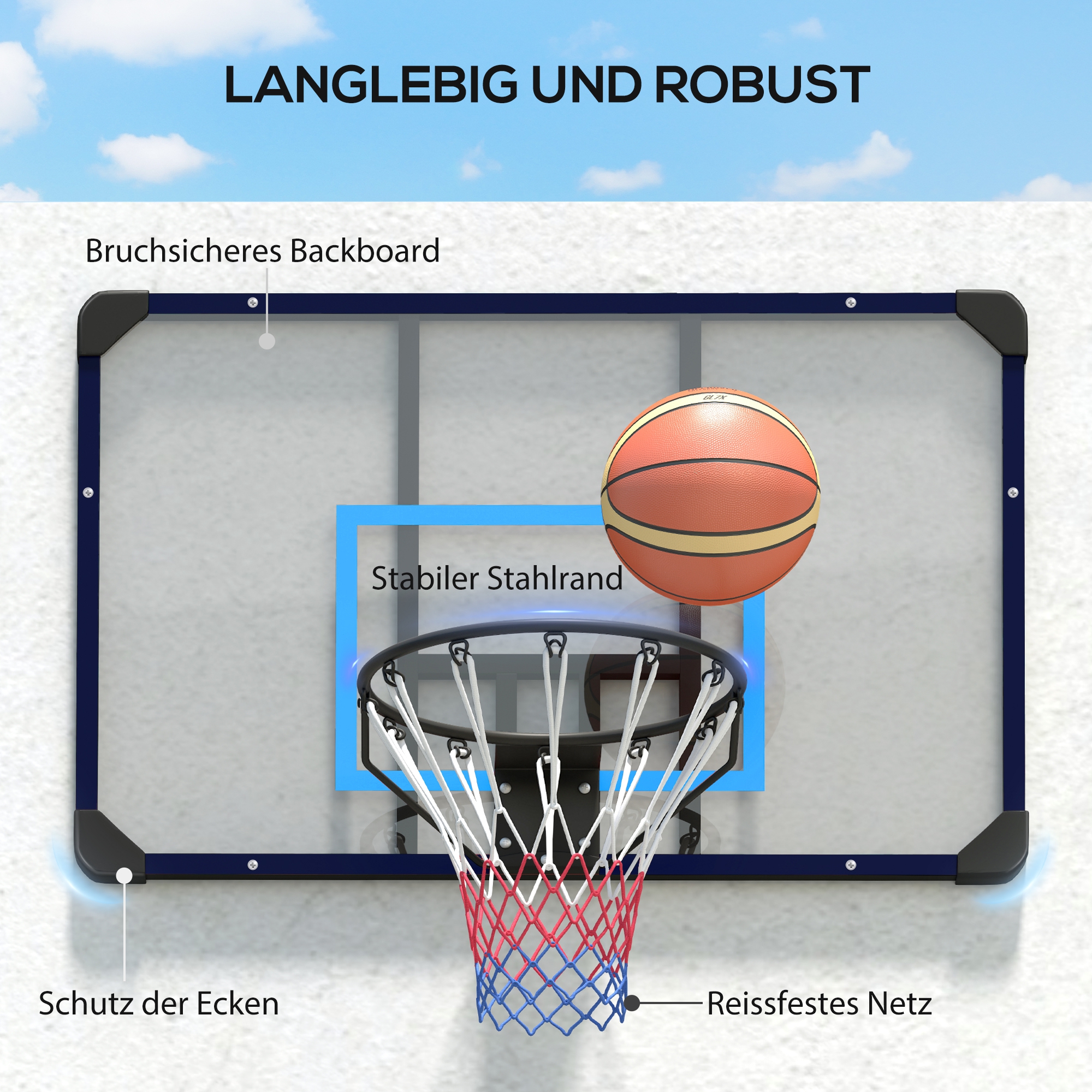 Basketballkorb, universelle Wandhalterung, reißfestes Netz, rostfreier Stahlrahmen, 113 x 61 x 73 cm
