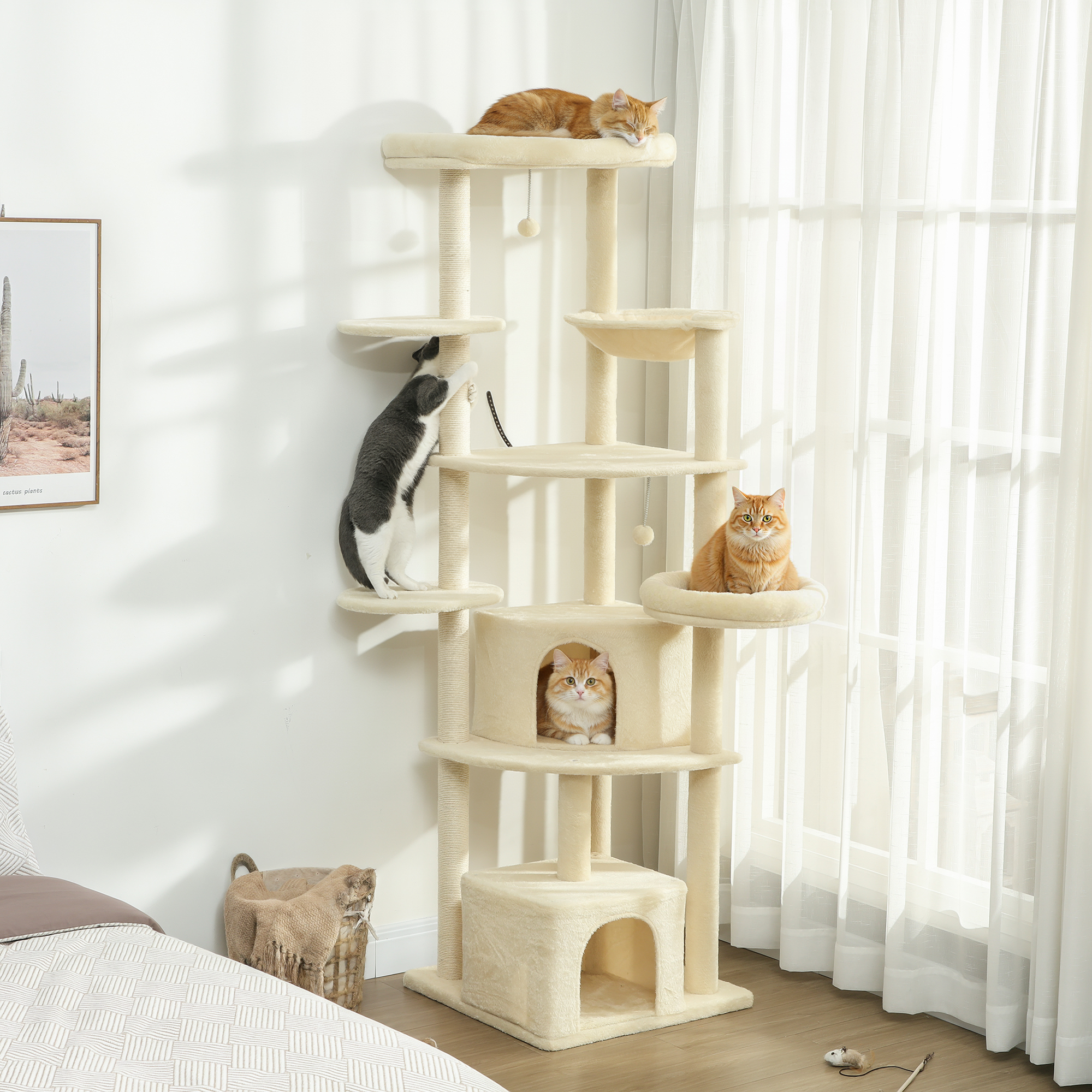 2 Meter hoher Kratzbaum für 2-3 Katzen, Kratzpfosten, Höhlen, Hängematte, Verstecke, mehrstöckiges Design, Sisal, Holz, Plüsch, Beige