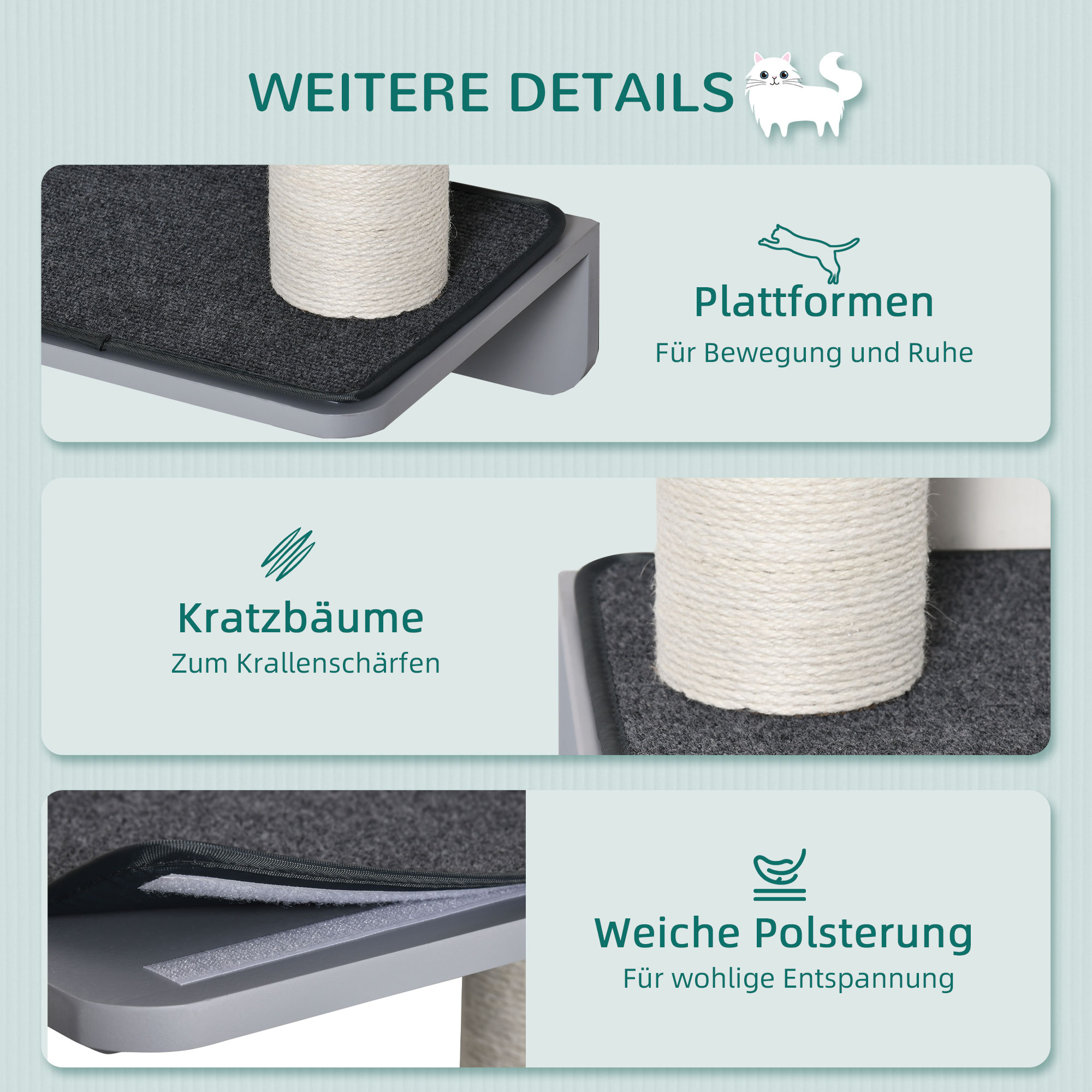 Kratzbaum 137cm hoch, Wandmontierter 4 Etagen Katzenbaum mit 4 Plattformen, 3 Kratzstämmen, Katzenkratzbaum für Katzen unter 5 kg zum Klettern, Kratzen und Spielen
