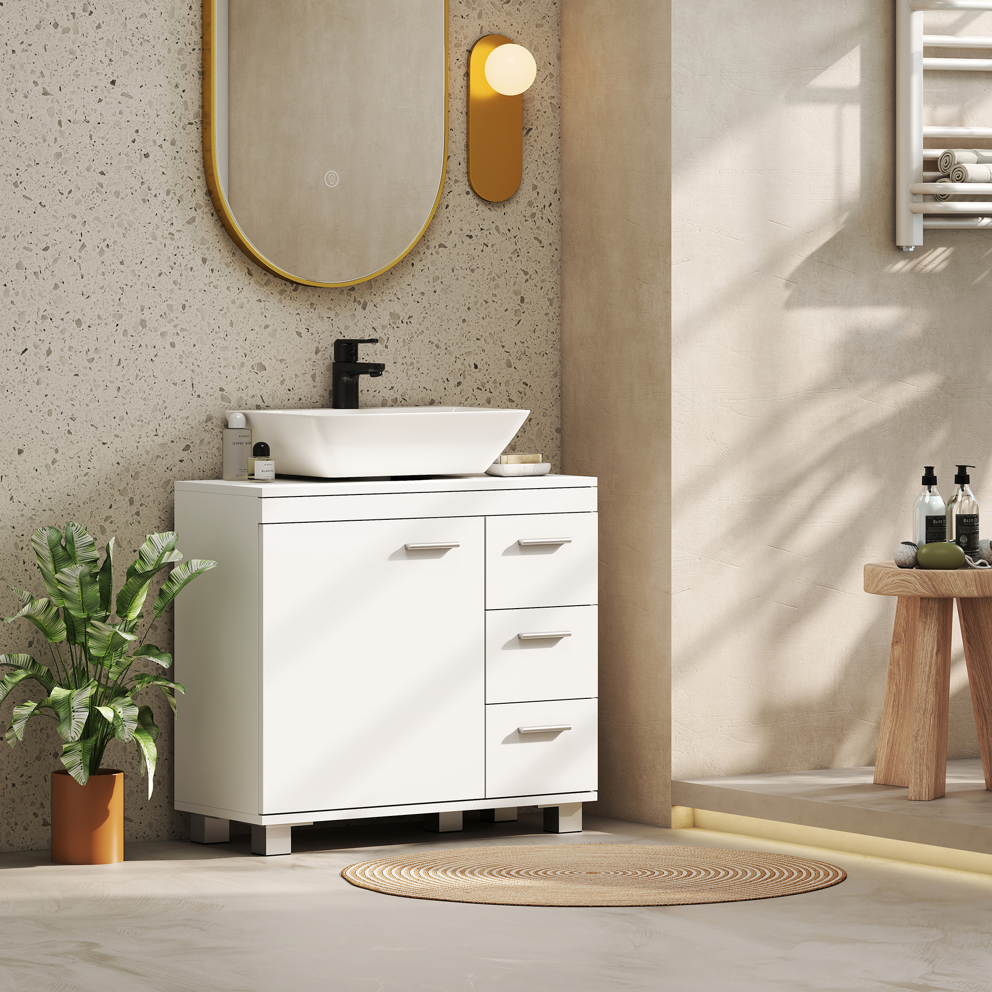 Unterschrank für Waschbecken, 2 Regale, 3 Schubladen, MDF-Struktur, Weiß