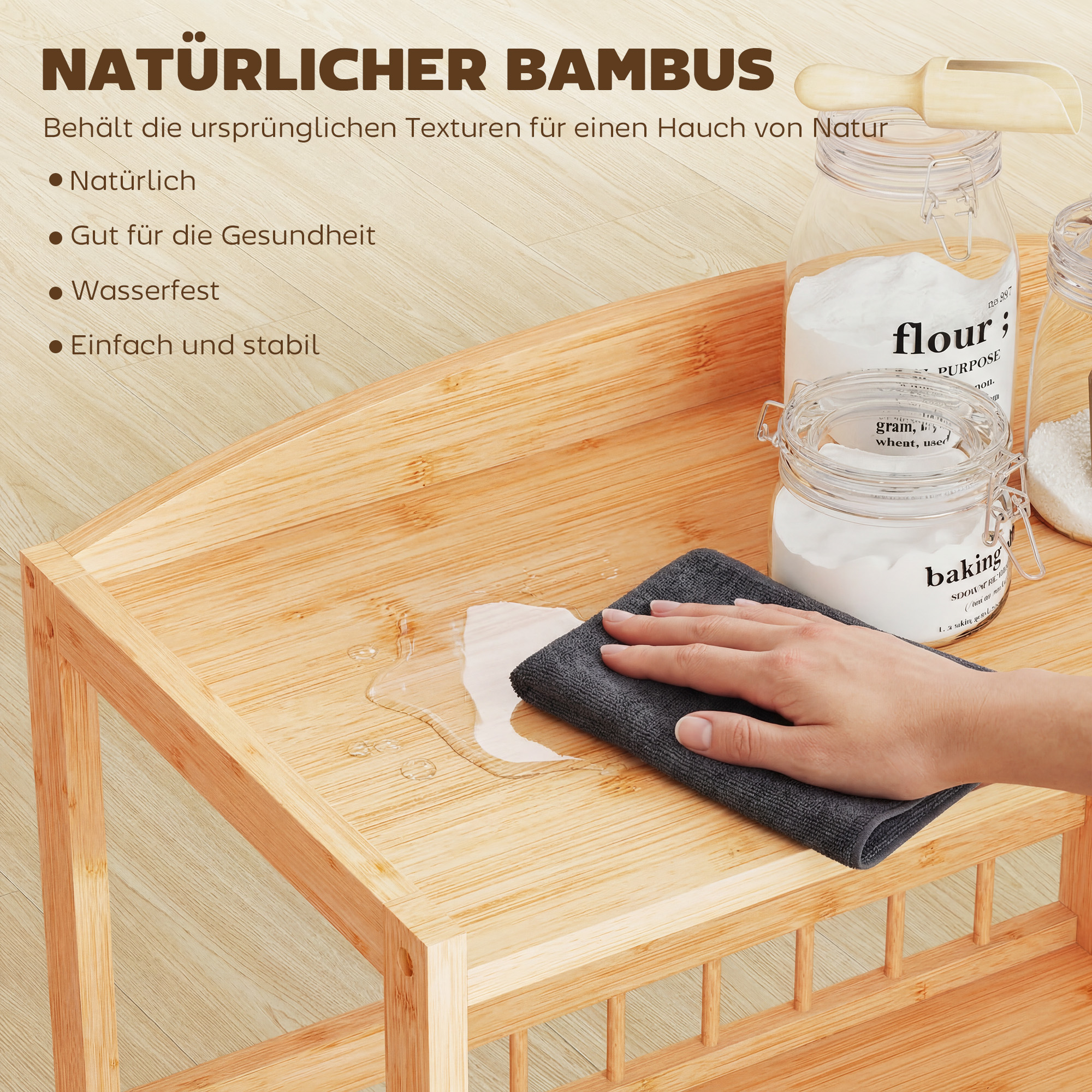 Küchenwagen Rollwagen mit 3 Ebenen, Servierwagen mit Stauraum Küchenregal auf Rollen, für Küche Bad Büro Naturholz