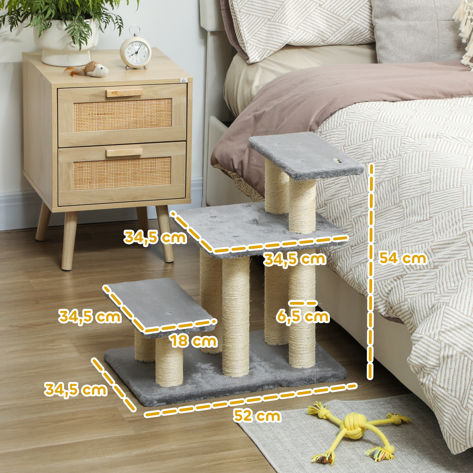 Hundetreppe 3 Stufen 54 cm Hoch Haustiertreppe für Kleine Hunde Katzentreppe mit Sisal Kratzbäumen, Spielball