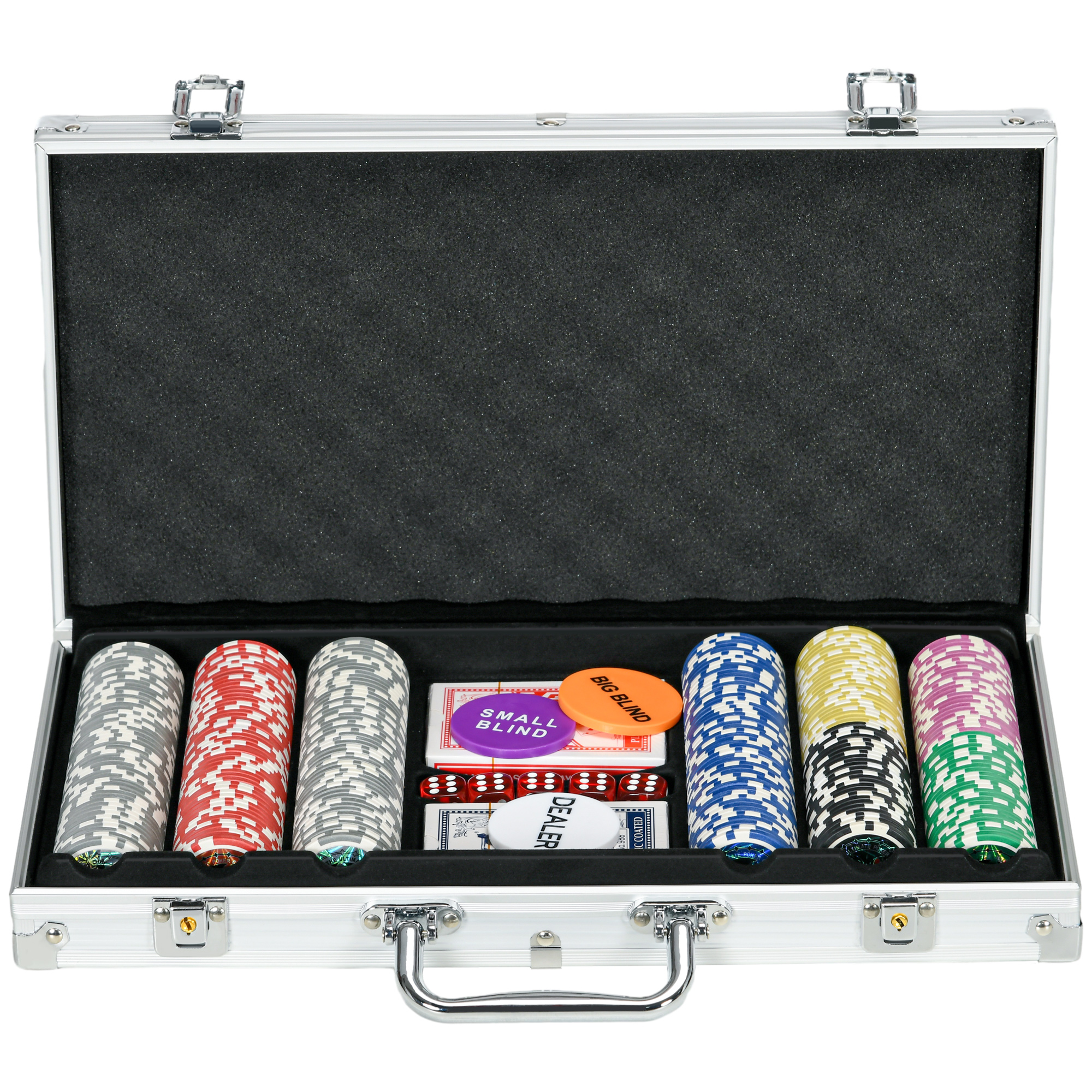 Casinozubehör und Chips Pokerset mit Chips Pokerchip-Koffer, inkl. Unterlage, Set mit 300 Chips, 2 Kartenspielen, 5 Würfeln