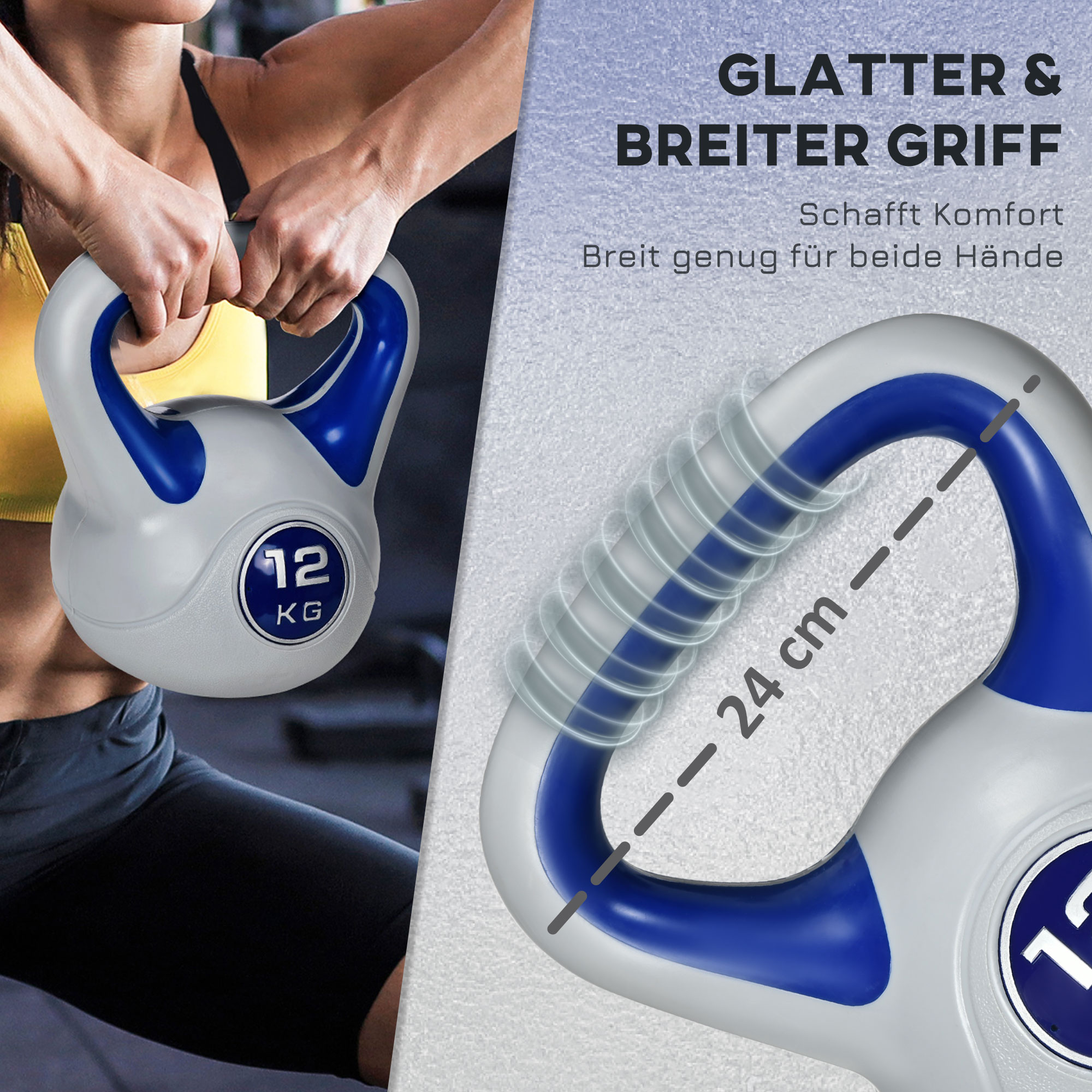 Kugelhantel, Kettlebell, 12 kg, flache Unterseite, großer Griff, Kunststoffmantel, blau, 24 x 17 x 28 cm