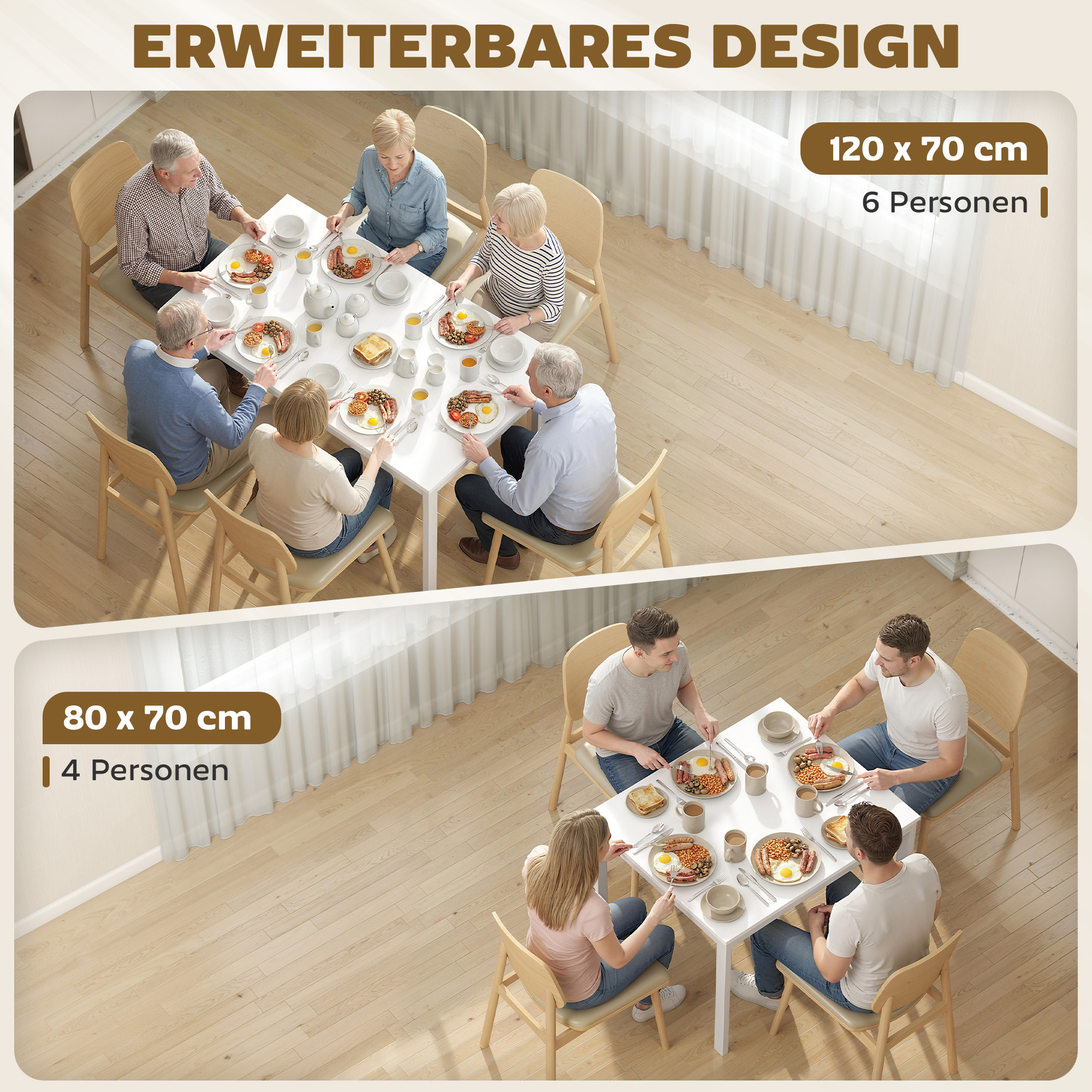 ausziehbarer Esstisch 80-120 cm für 4-6 Personen, Platzsparender Küchentisch mit einfacher Ausziehfunktion, Natur