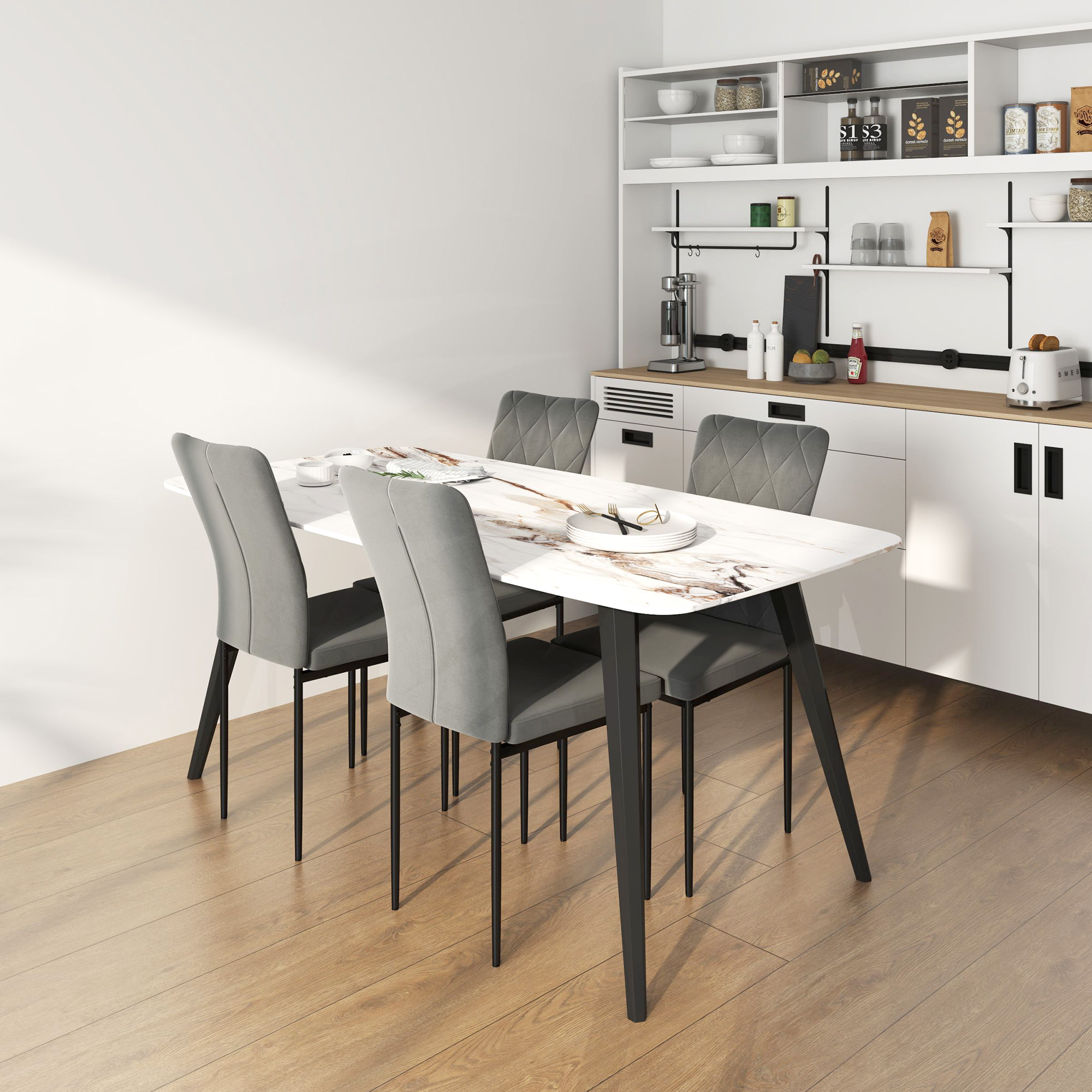 4er-Set Esszimmerstühle in Samtoptik, Moderne Polsterstühle mit Metallbeinen, für Esszimmer, Schlafzimmer, Küche, Grau