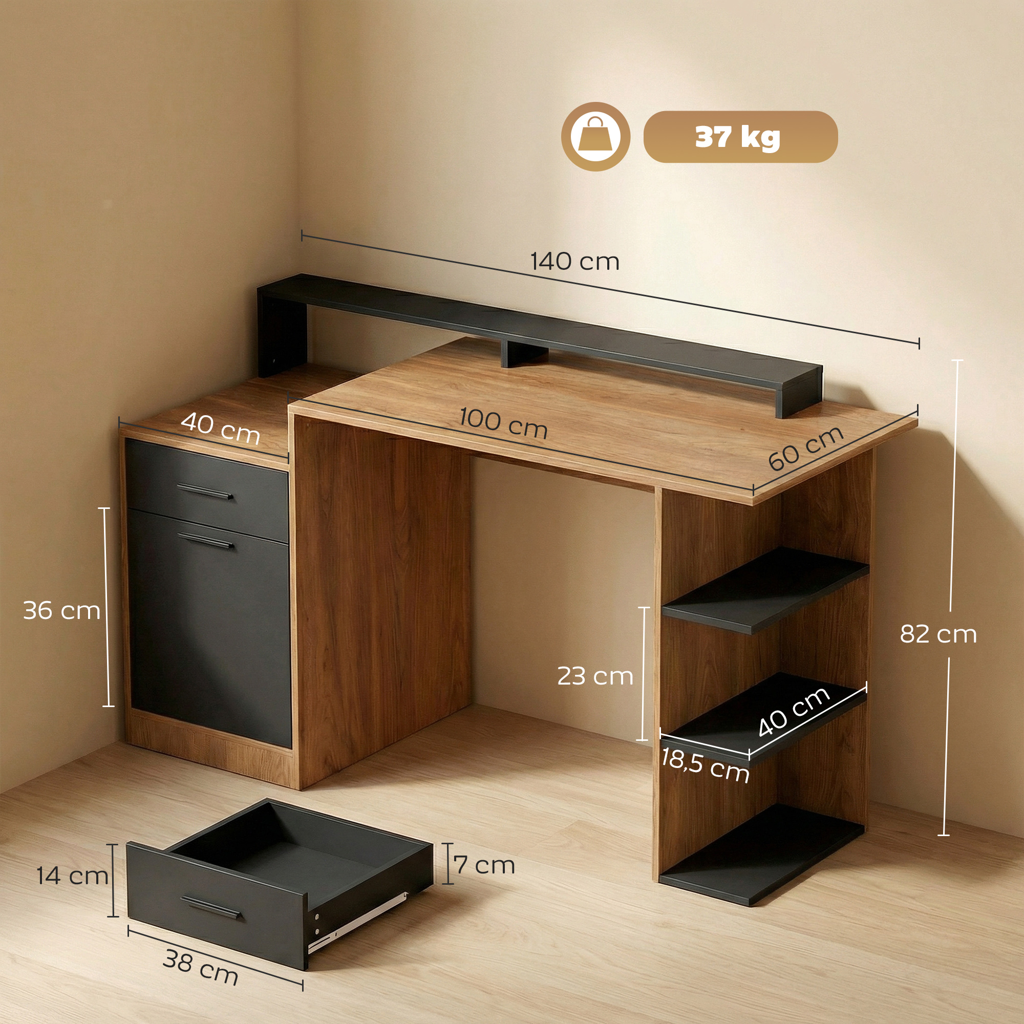 Computertisch mit Stauraum und Regalen, Moderner Schreibtisch für Büro und Arbeitszimmer, 140 cm, Eiche
