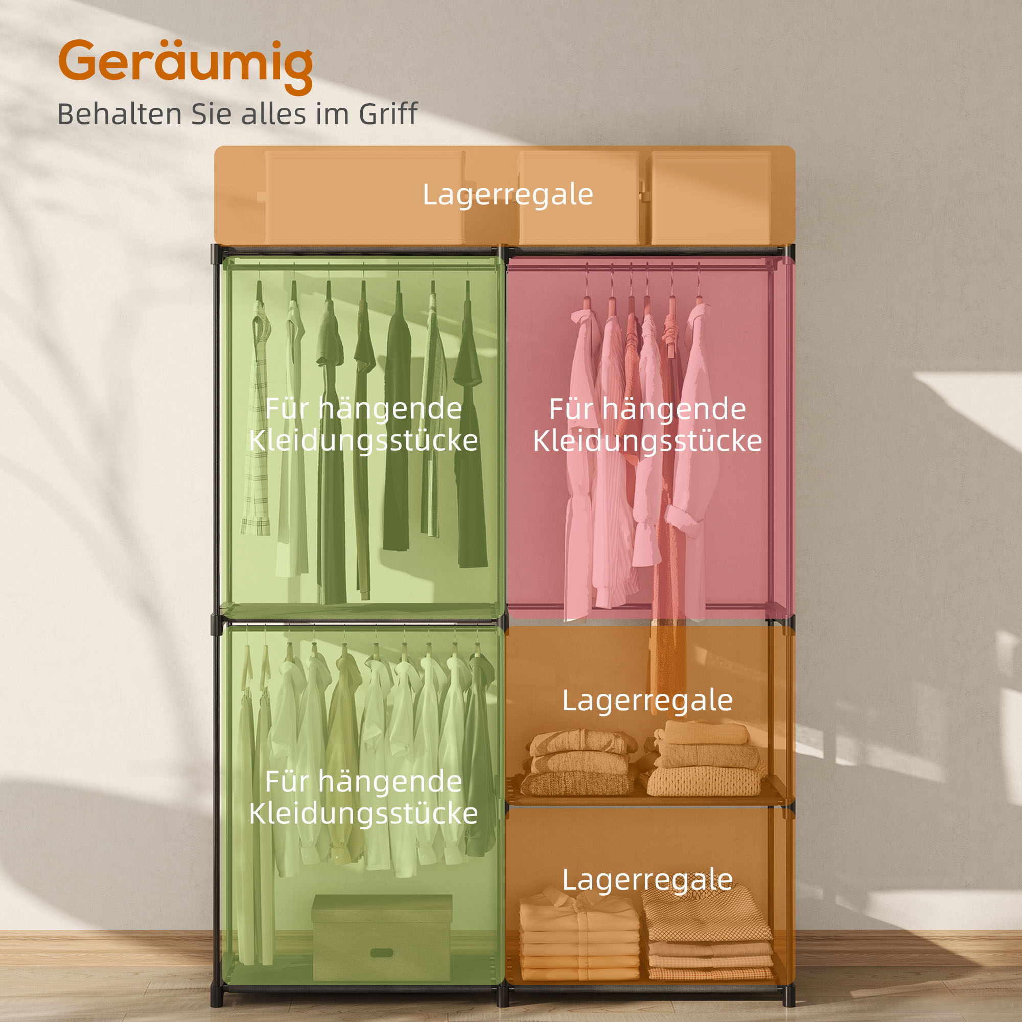 Stoffschrank Kleiderschrank mit Kleiderstange, Ablagen, für Schlafzimmer, Ankleidezimmer, 111 x 43 x 185 cm, Schwarz