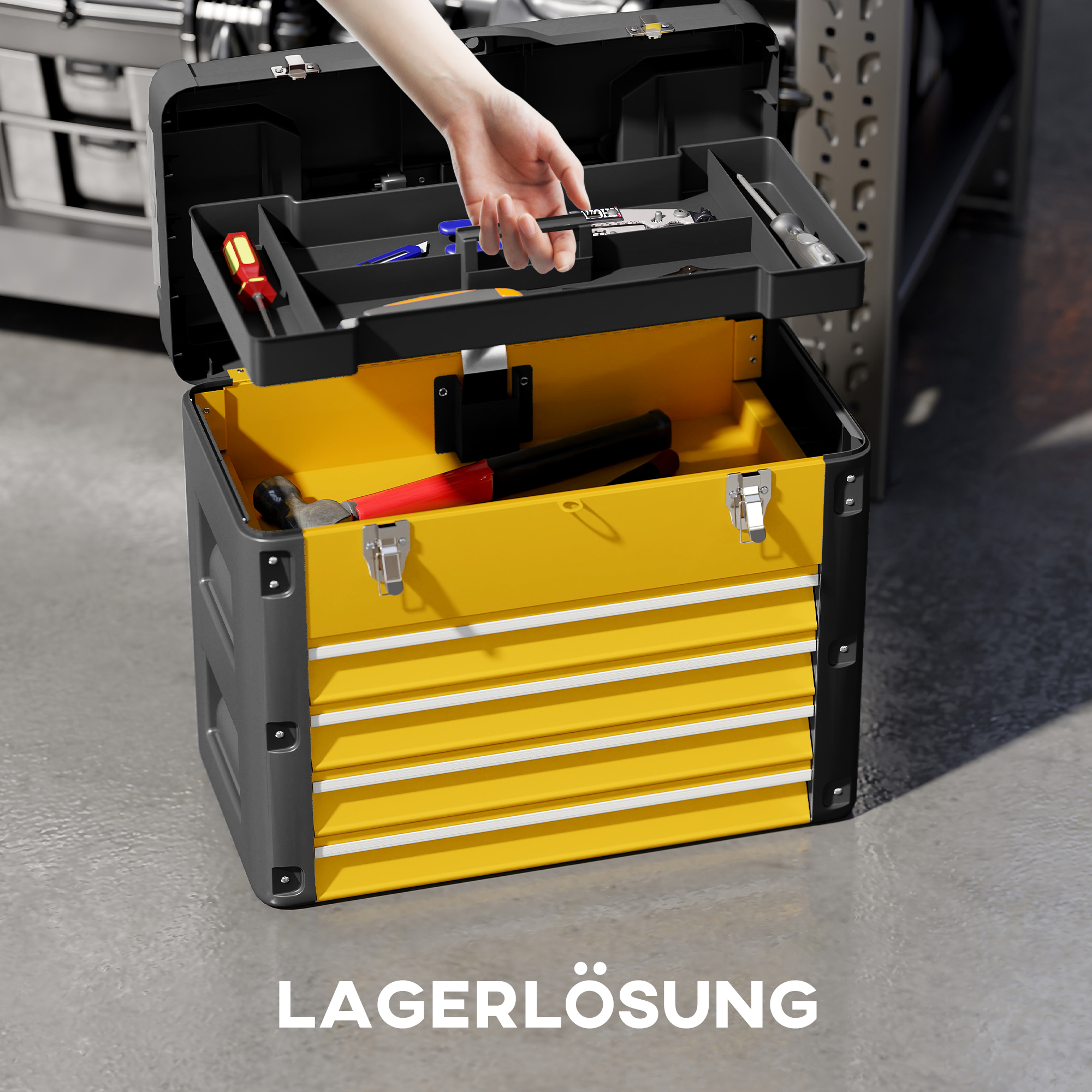 Werkzeugkiste leer, 49,7 x 25,3 x 40,7 cm Werkzeugkasten mit 4 Schubladen, Mini-Box Stahl Gelb