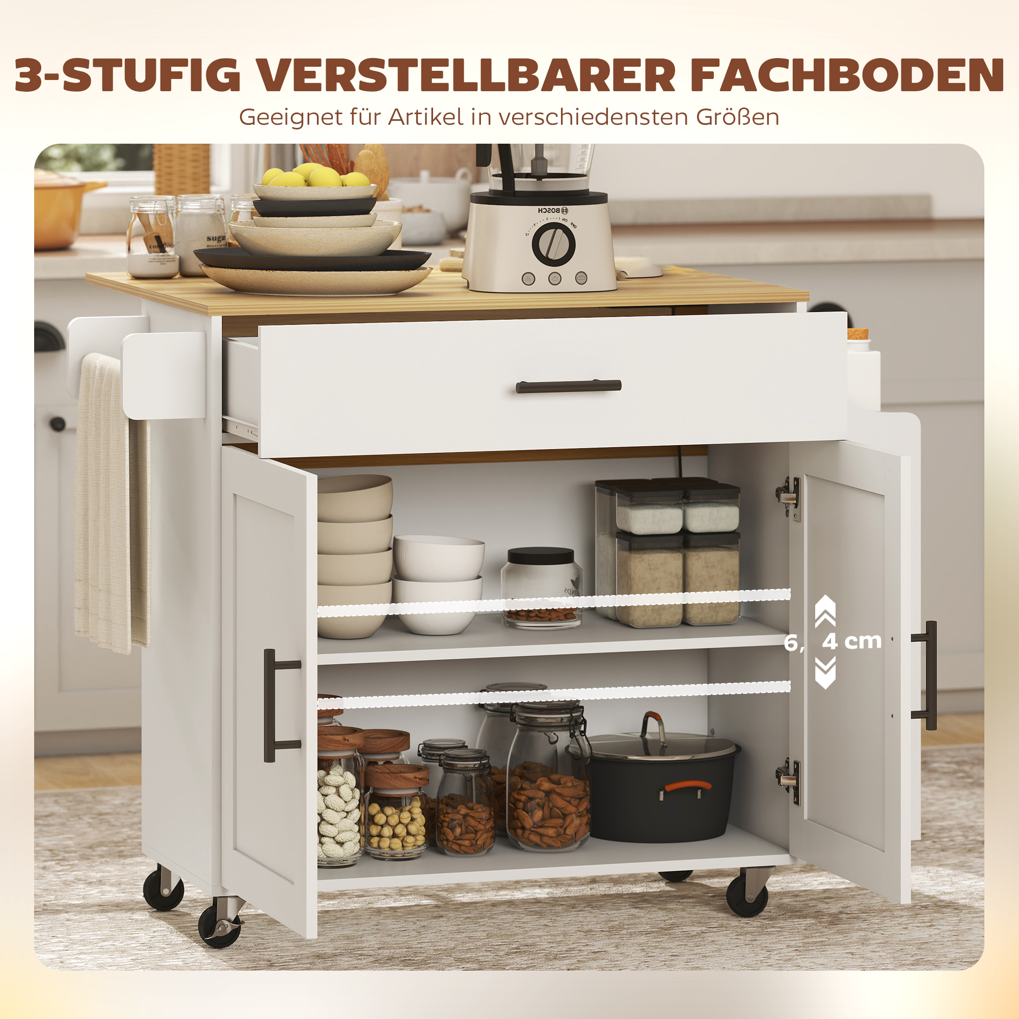 Kücheninsel, Küchenwagen auf Rollen, mit abklappbarer Arbeitsplatte, Schublade, Ablage, 120 x 68 x 85 cm, Weiß