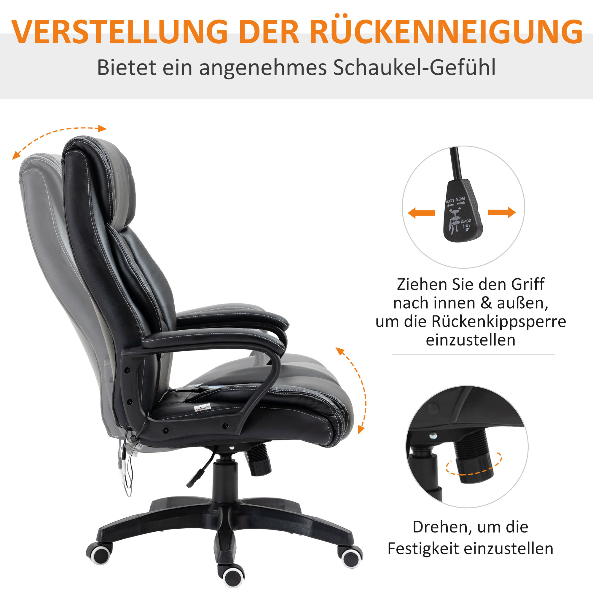 Bürostuhl mit Massage höhenverstellbarer Chefsessel ergonomischer Drehstuhl Gamingstuhl Computerstuhl Massage Sessel 6 Vibrationspunkte Leinen-Gefühl einstellbar Schwarz 66 x 78 x 112-120 cm