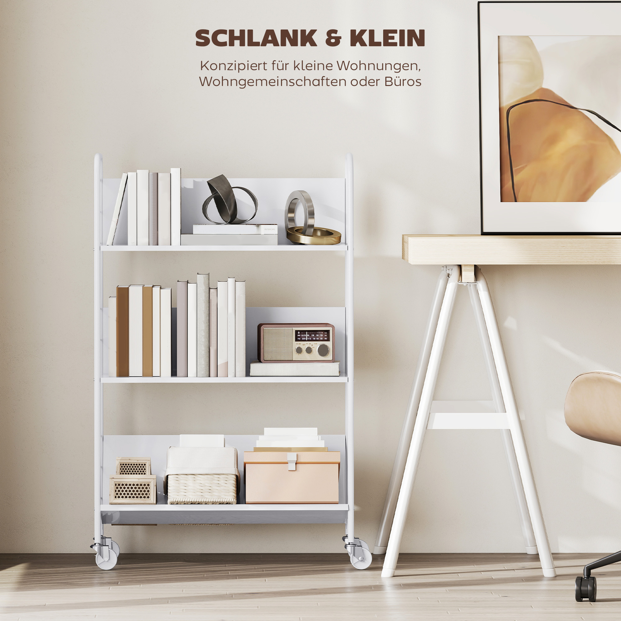Bücherregal Aufbewahrungsregal mit 3 Ebenen, Rädern, Spielzeugregal für Schlafzimmer, 69 x 26 x 108 cm, Weiß