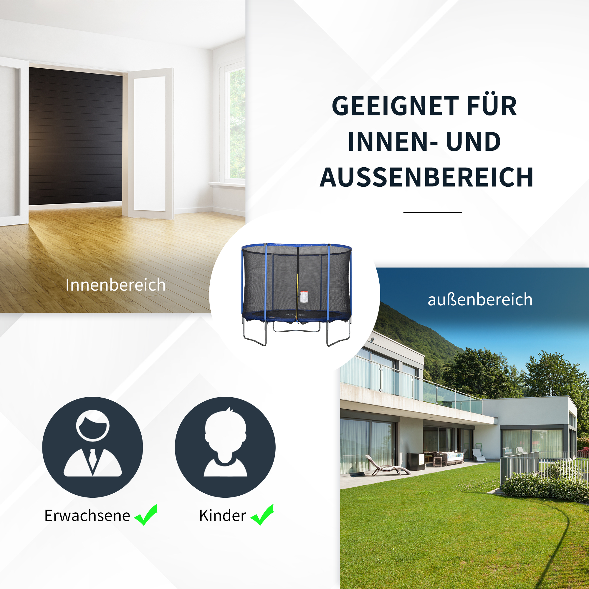 Trampolin mit Sicherheitsnetz Gartentrampolin für Innen- und Außenbereich Fitnesstrampolin für Jugendliche und Erwachsene Stahl Blau+Schwarz bis 113,6 kg Ø305 x 248H cm