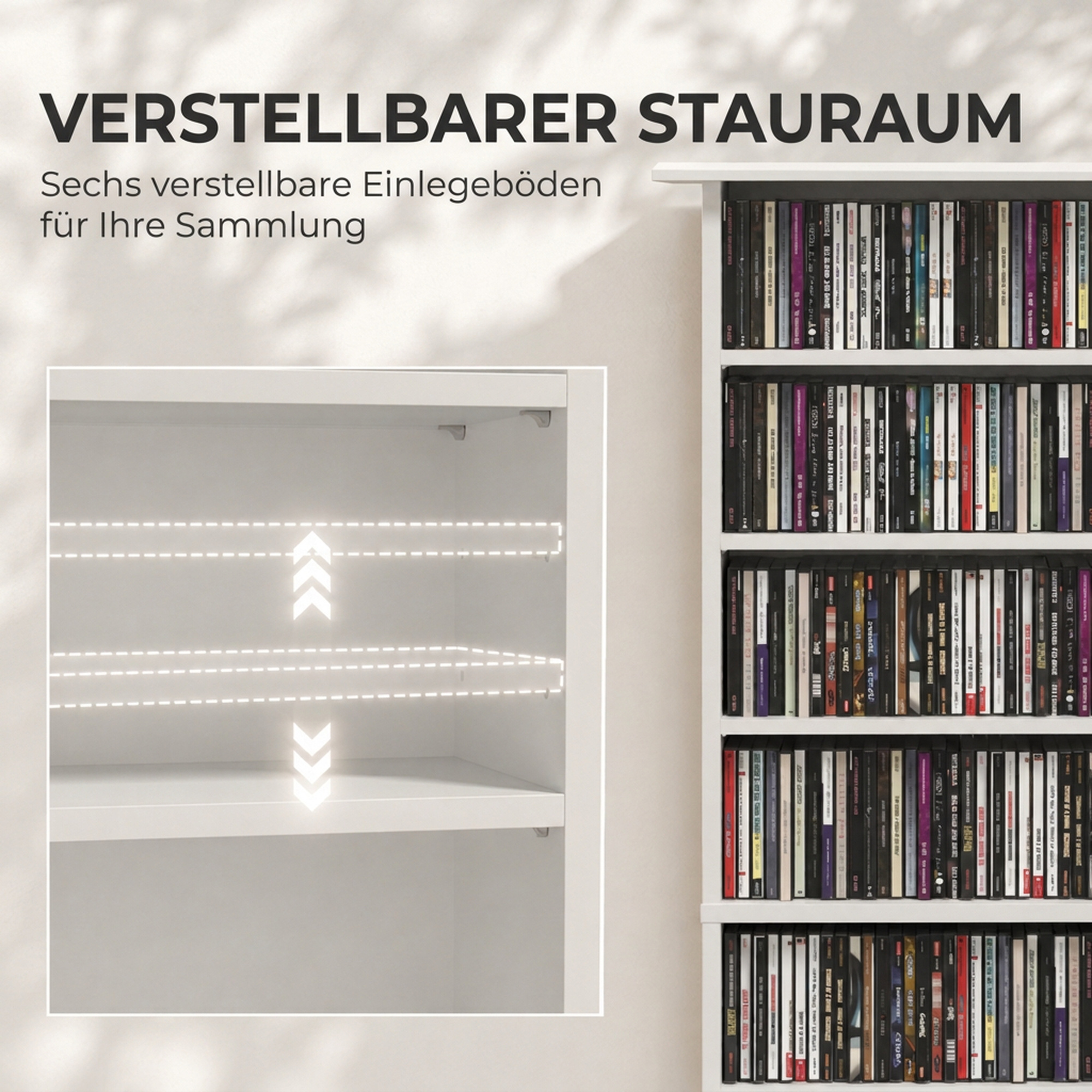 Schmaler Medienschrank, 8 Ebenen, 6 verstellbare Einlegeböden, 8 Fächer, für 360 CDs, Weiß