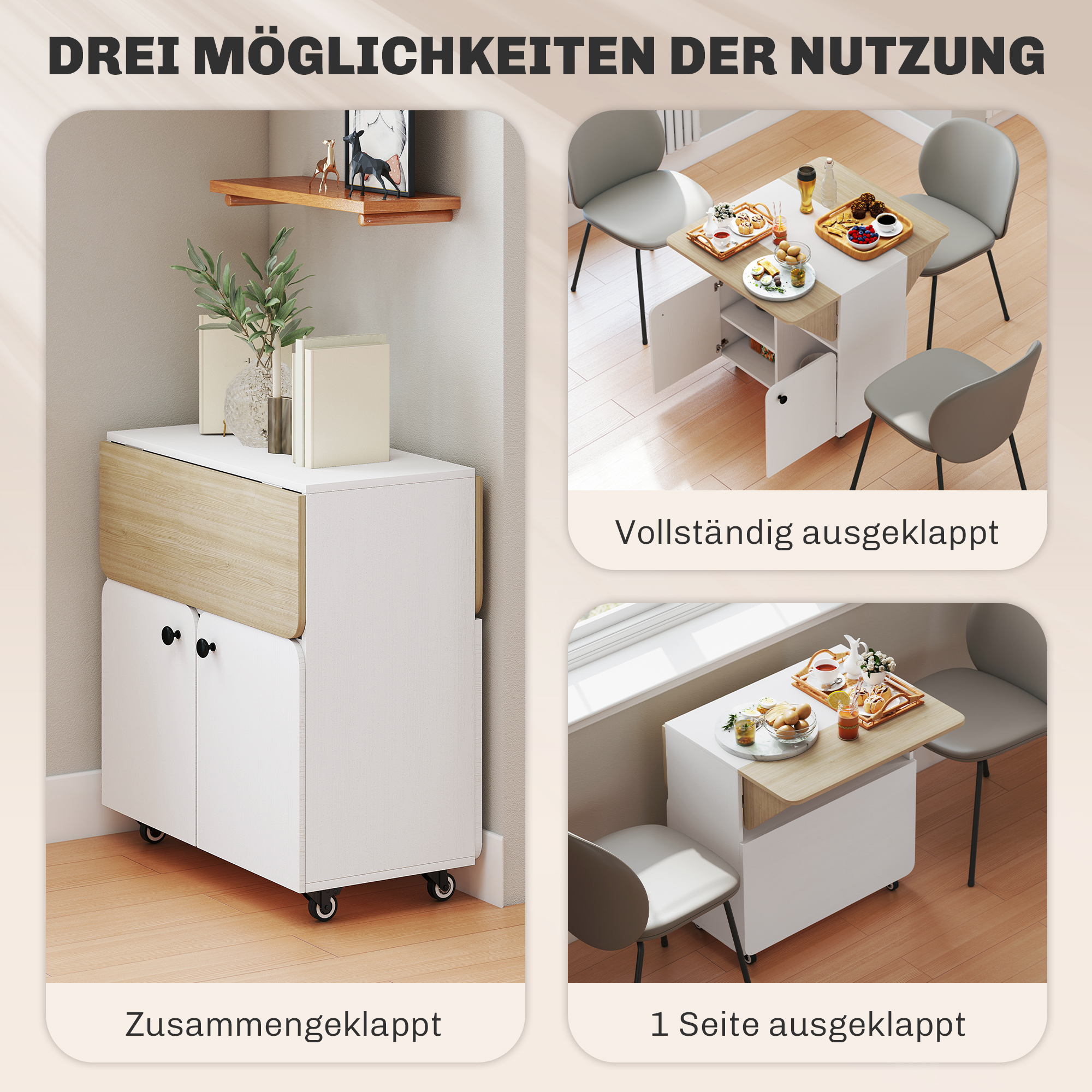 Klapptisch Rollschrank, zwei klappbare Tischseiten, Schrankfach, 4 Rollen, Weiß+Naturholz, 70 x 83 x 75cm
