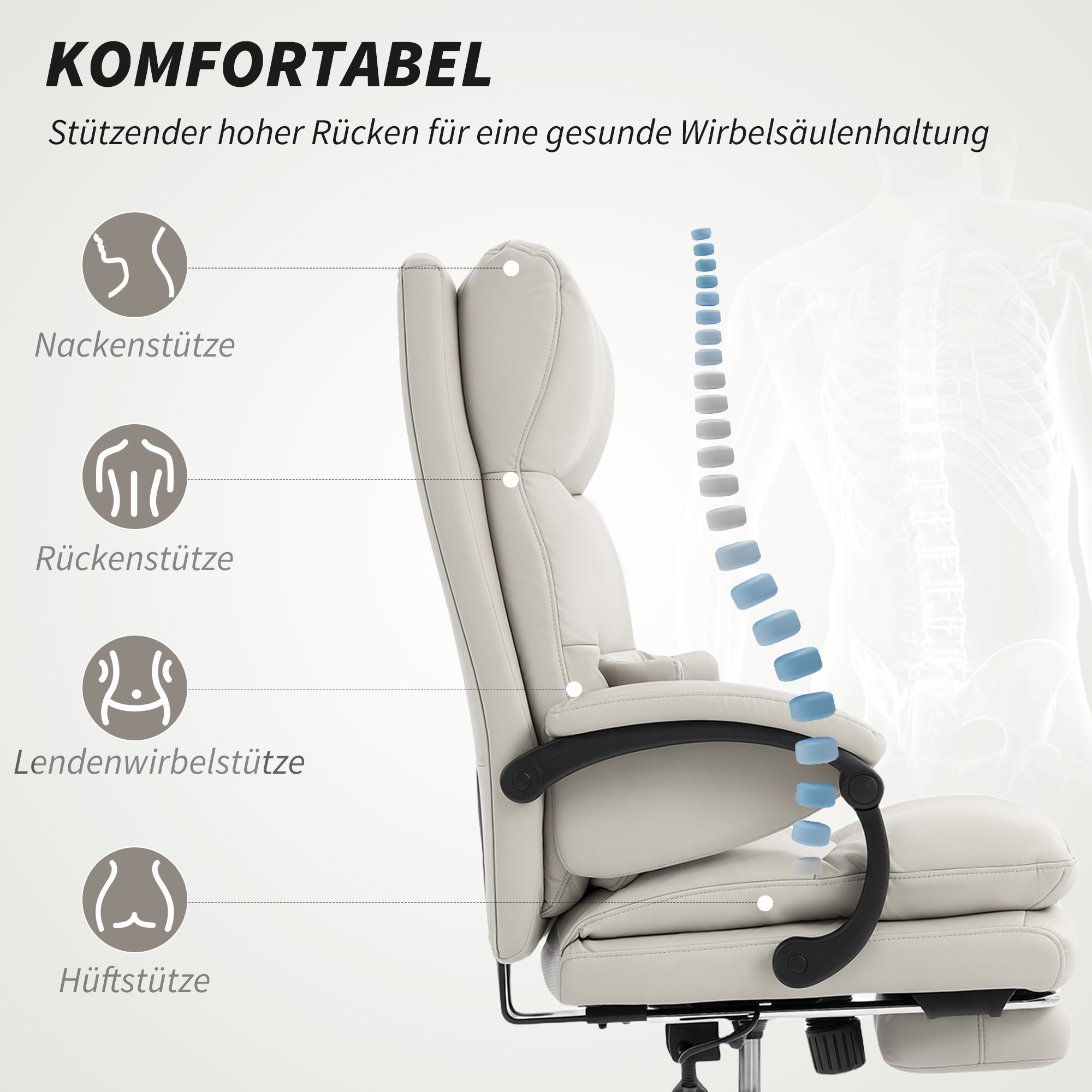 Bürostuhl Höhenverstellbarer Schreibtischstuhl mit Lendenwirbelstütze, Armlehne, Fußstütze, aus Kunstleder, Hellgrau
