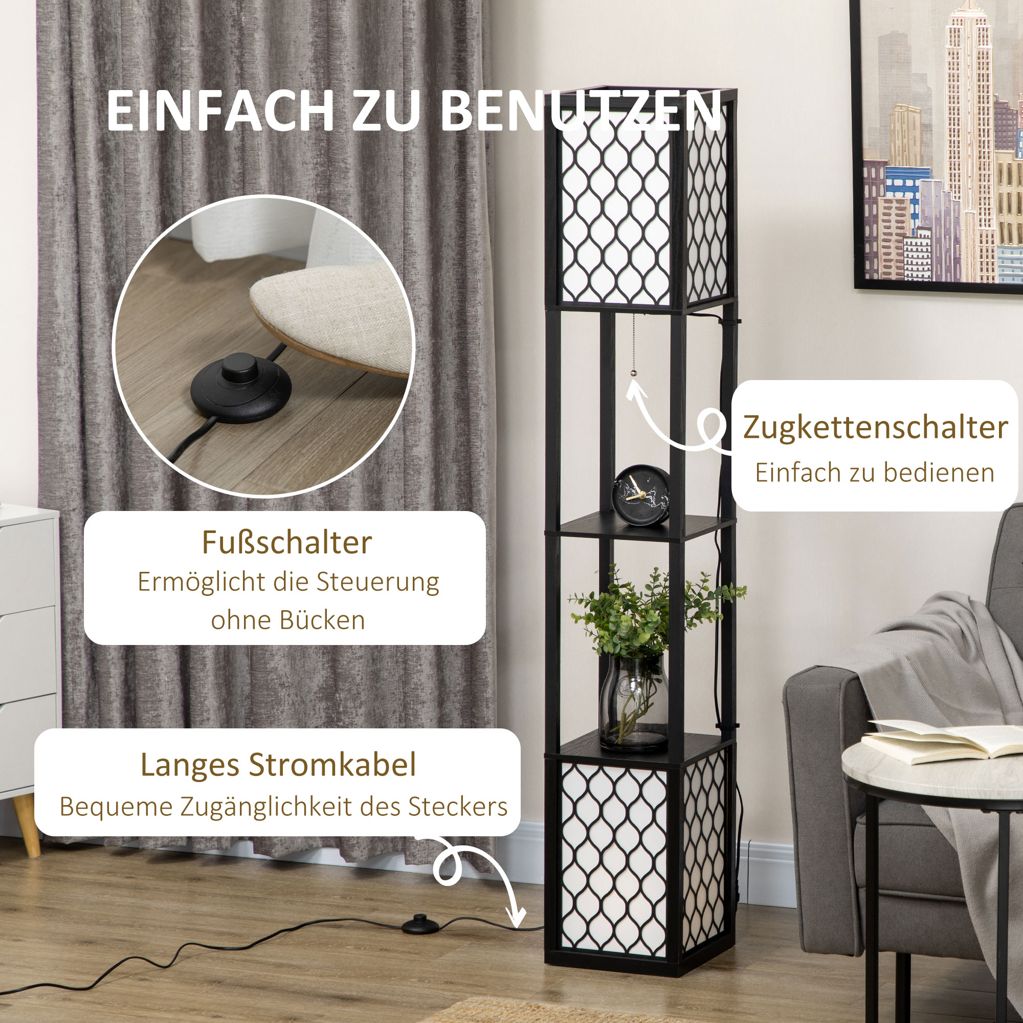 Stehleuchte im modernen Design, 2 Ablagen, Ziehkettenschalter, 26 cm x 26 cm x 156 cm, Schwarz + Weiß