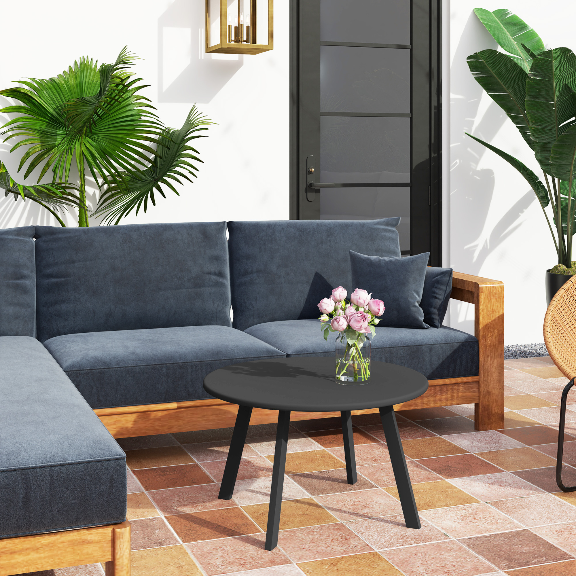 Beistelltisch Balkontisch aus Metall Rund Kaffeetisch wetterfest Gartentisch Ø70 x 42H cm Schwarz