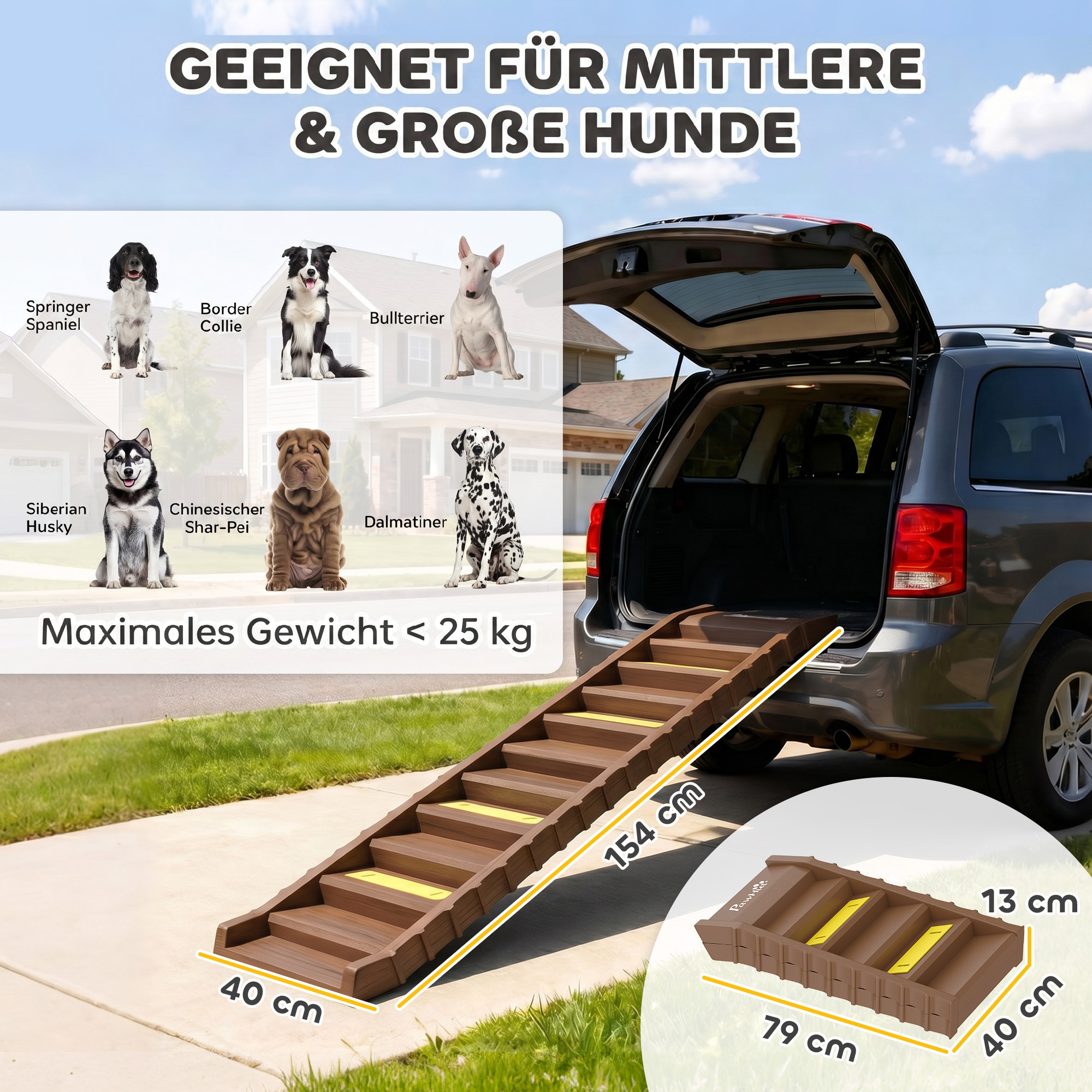 Hunderampe Auto klappbar Hundetreppe mit 10 Stufen Rutschfester Oberfläche, 154x40cm ür mittelgröße Hunde bis 25kg
