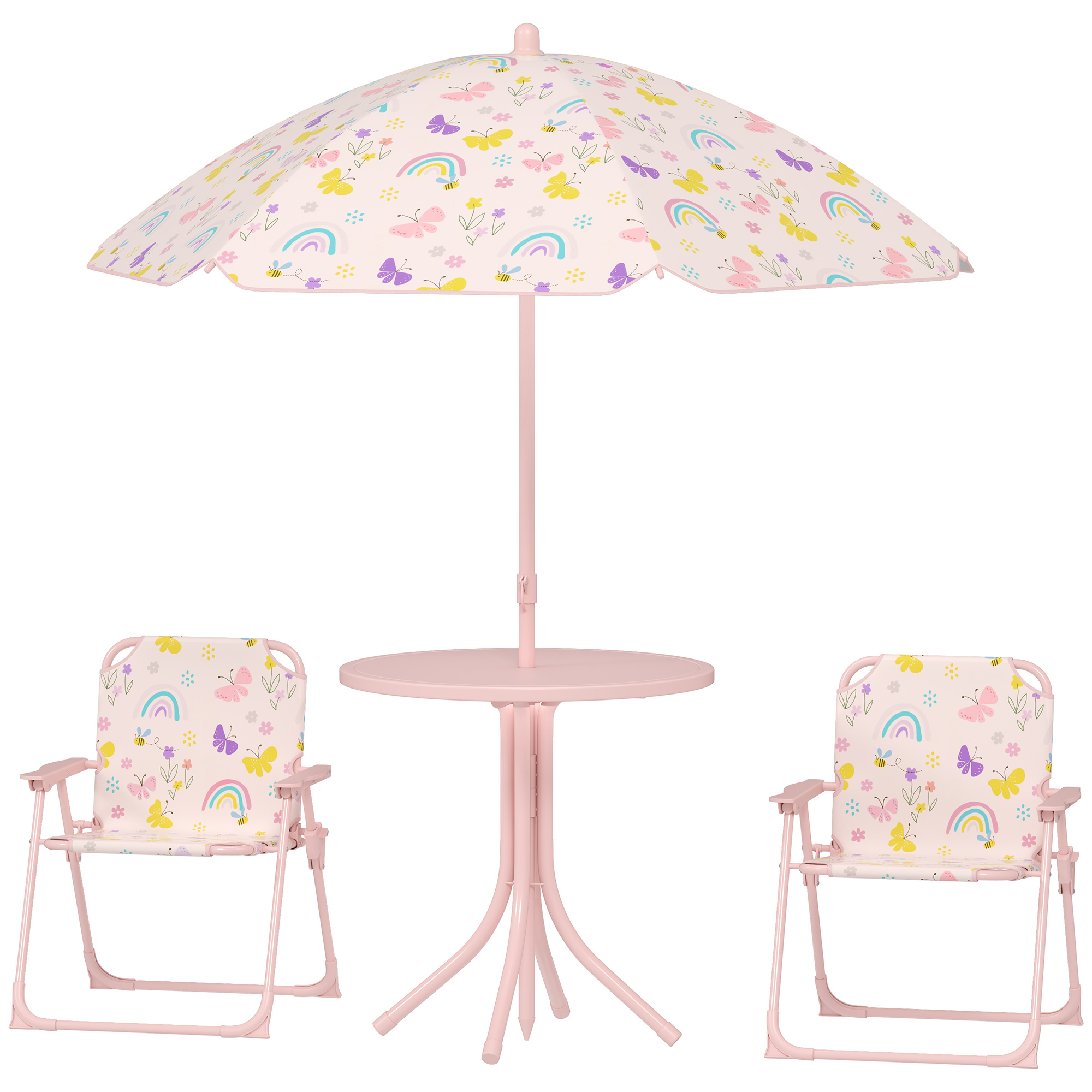 Kinder-Sitzecke, Klappstuhl-Sitz-Set mit Sonnenschirm, Buntes Muster, Rosa
